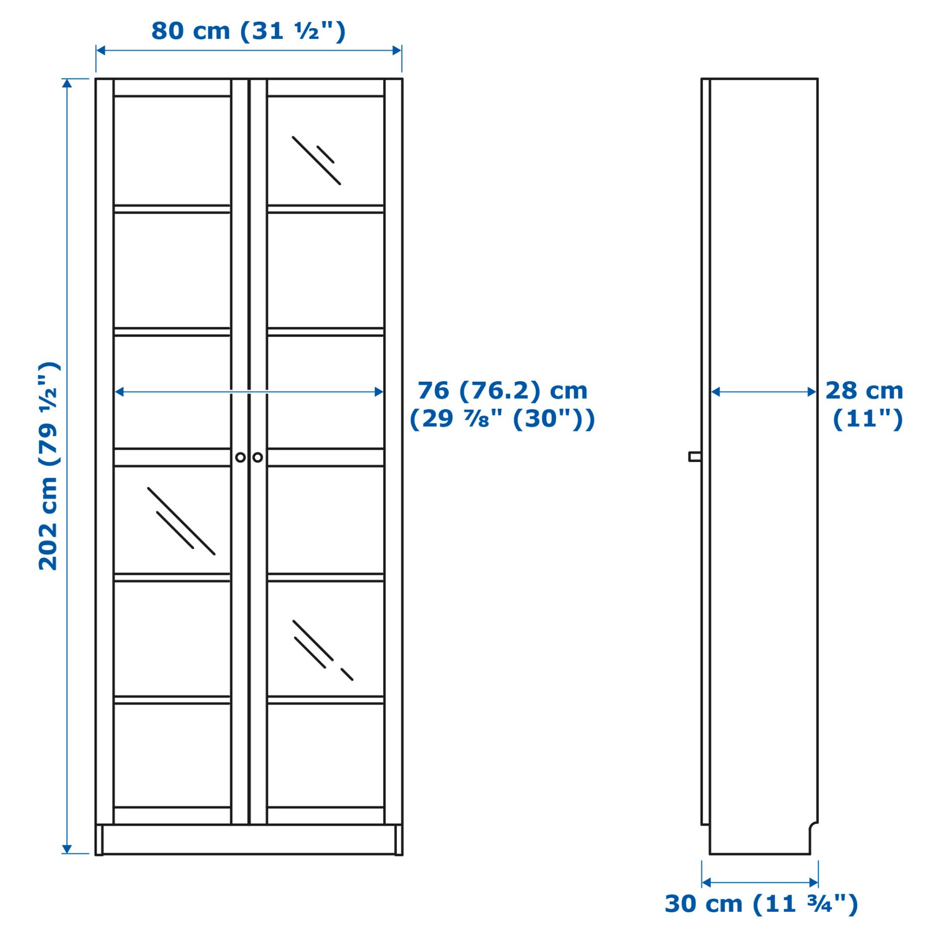 BILLY, bookcase with glass-doors, 80x30x202 cm, 005.949.25