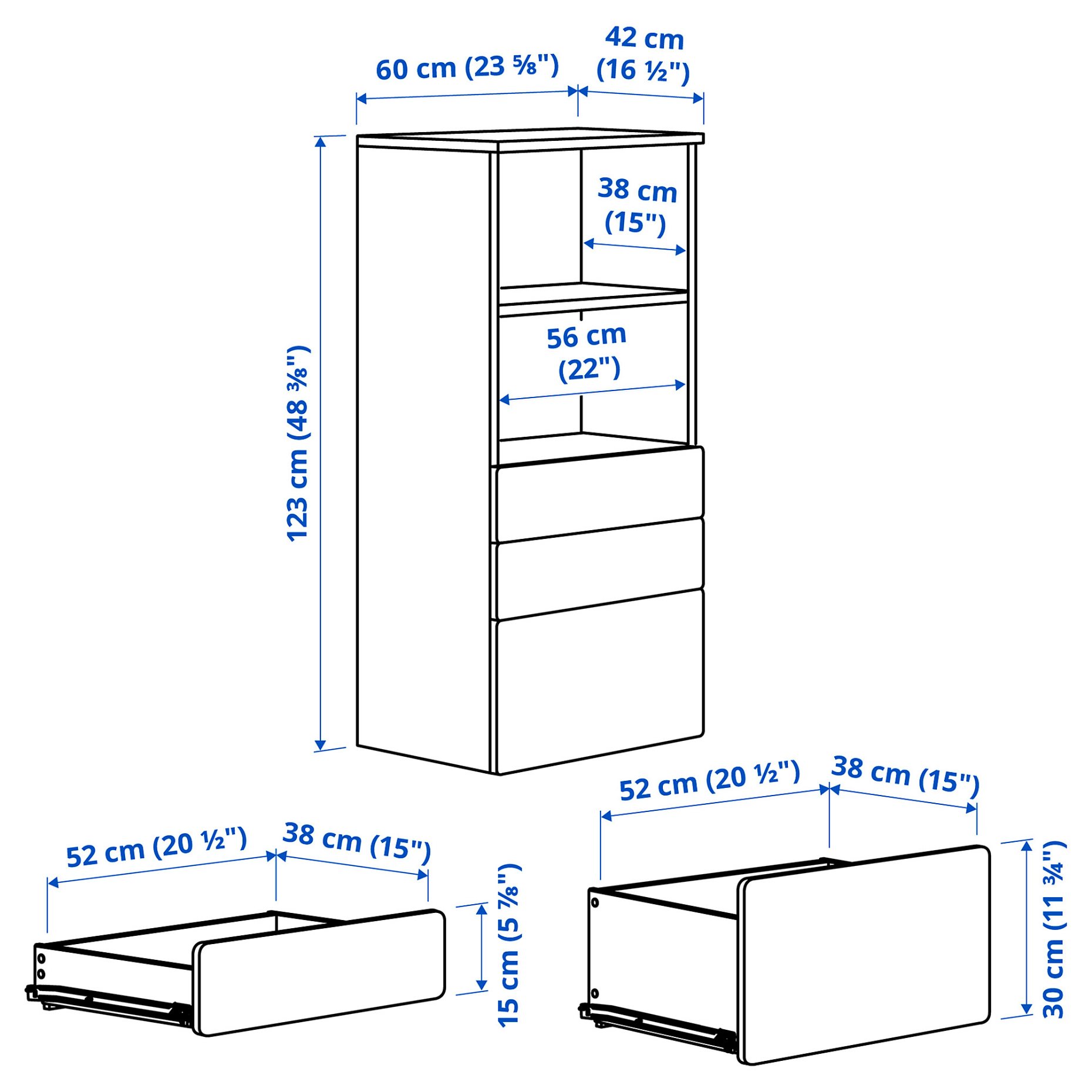 SMASTAD/PLATSA, bookcase with 3 drawers, 60x42x123 cm, 094.205.15