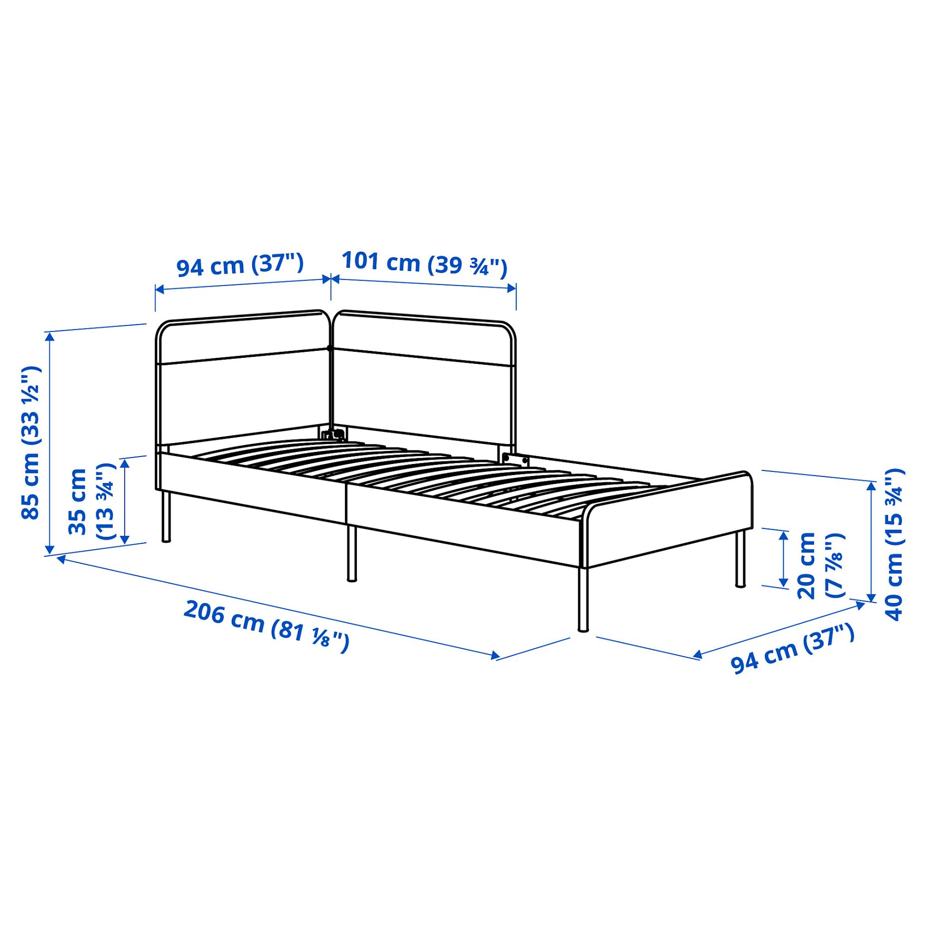 BLÅKULLEN, upholstered bed frame with corner headboard, 90x200 cm, 105.057.16