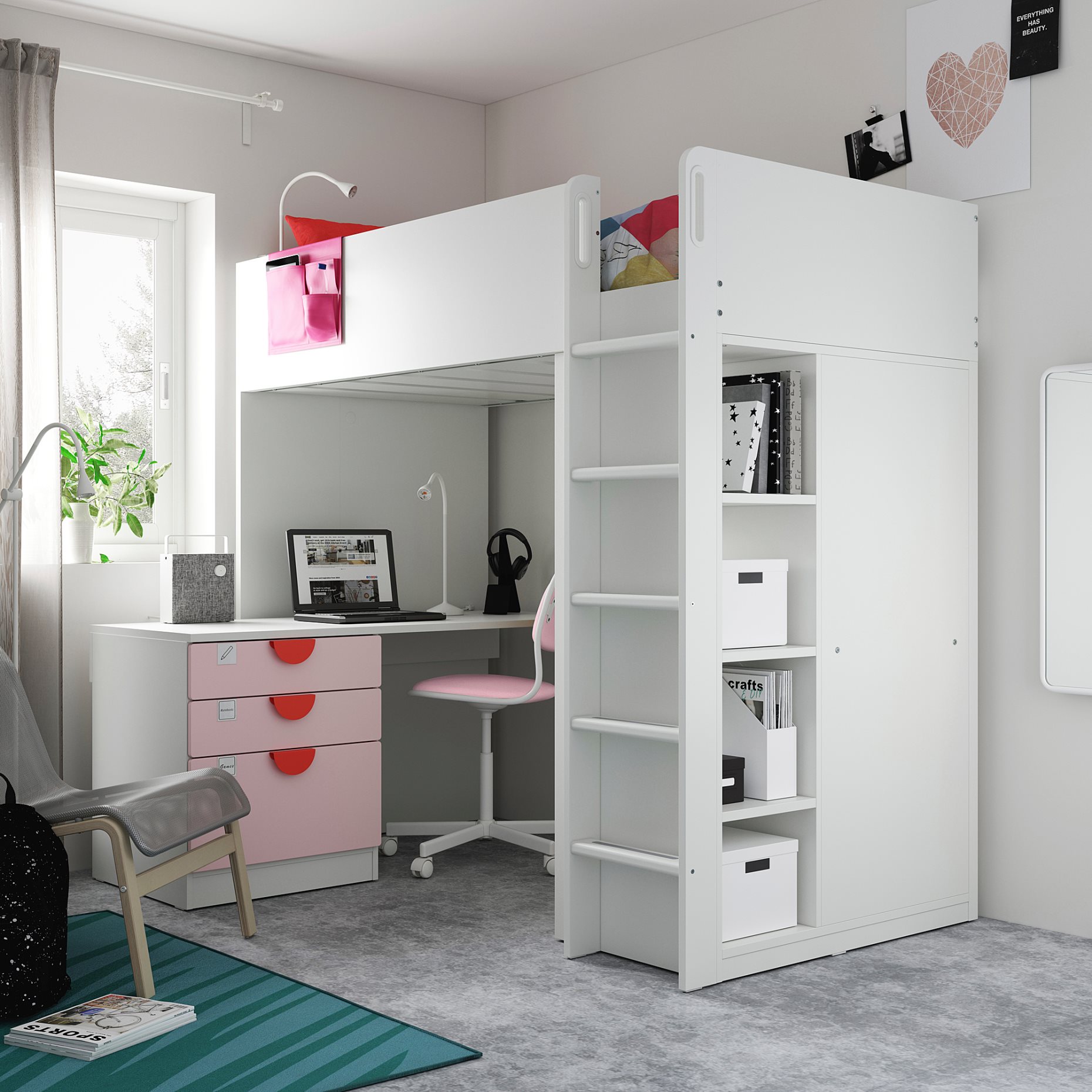 SMÅSTAD, loft bed with desk with 4 drawers, 90x200 cm, 194.354.89