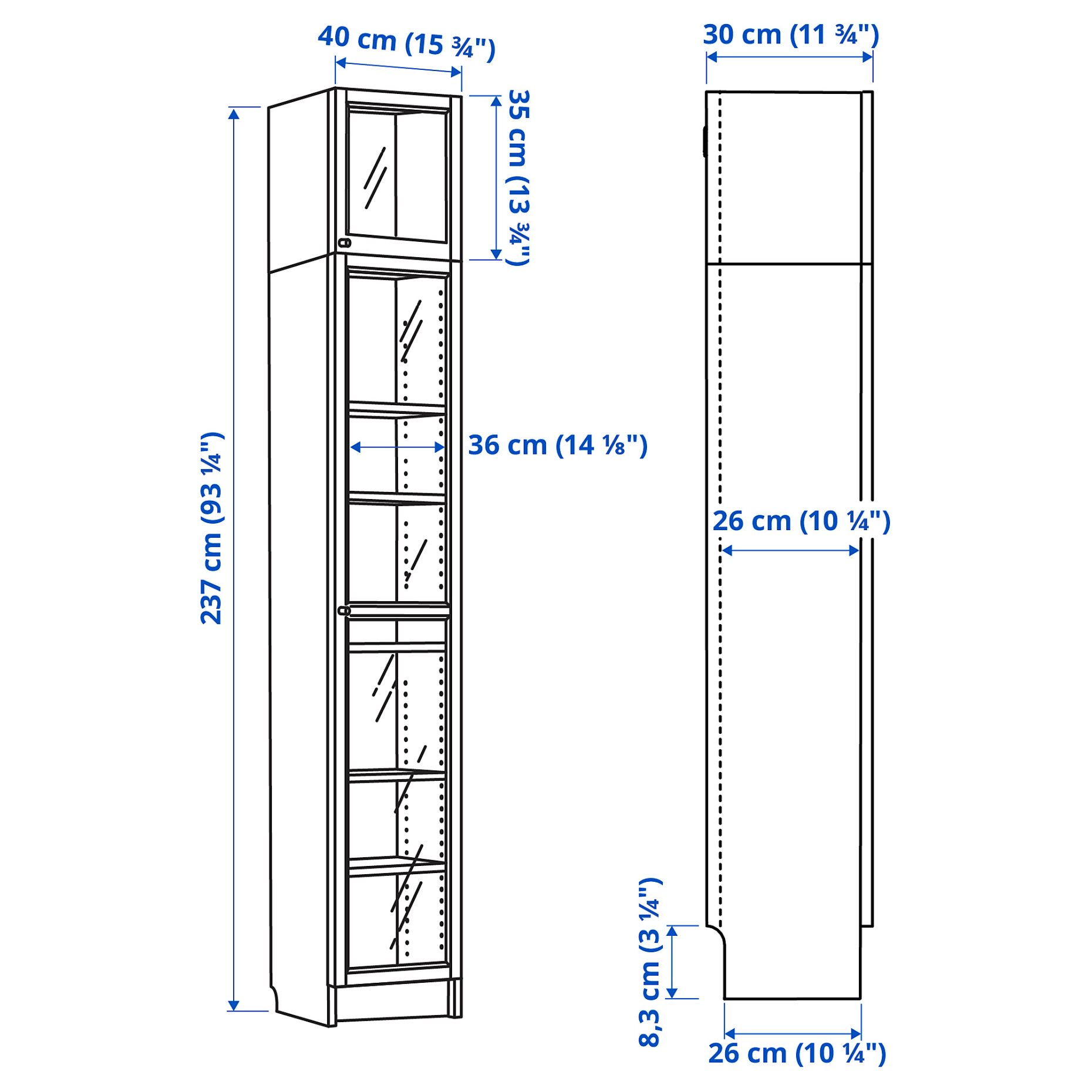 BILLY/OXBERG, bookcase with glass doors/height extension unit, 40x30x237 cm, 194.833.62