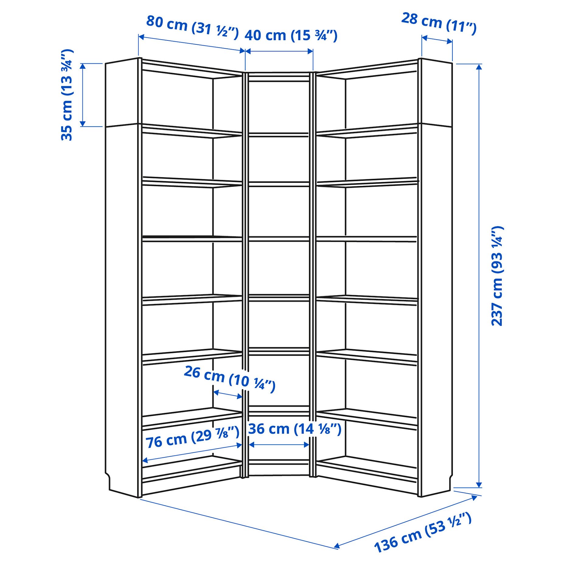 BILLY, bookcase corner combination with height extension units, 136/136x28x237 cm, 194.835.50