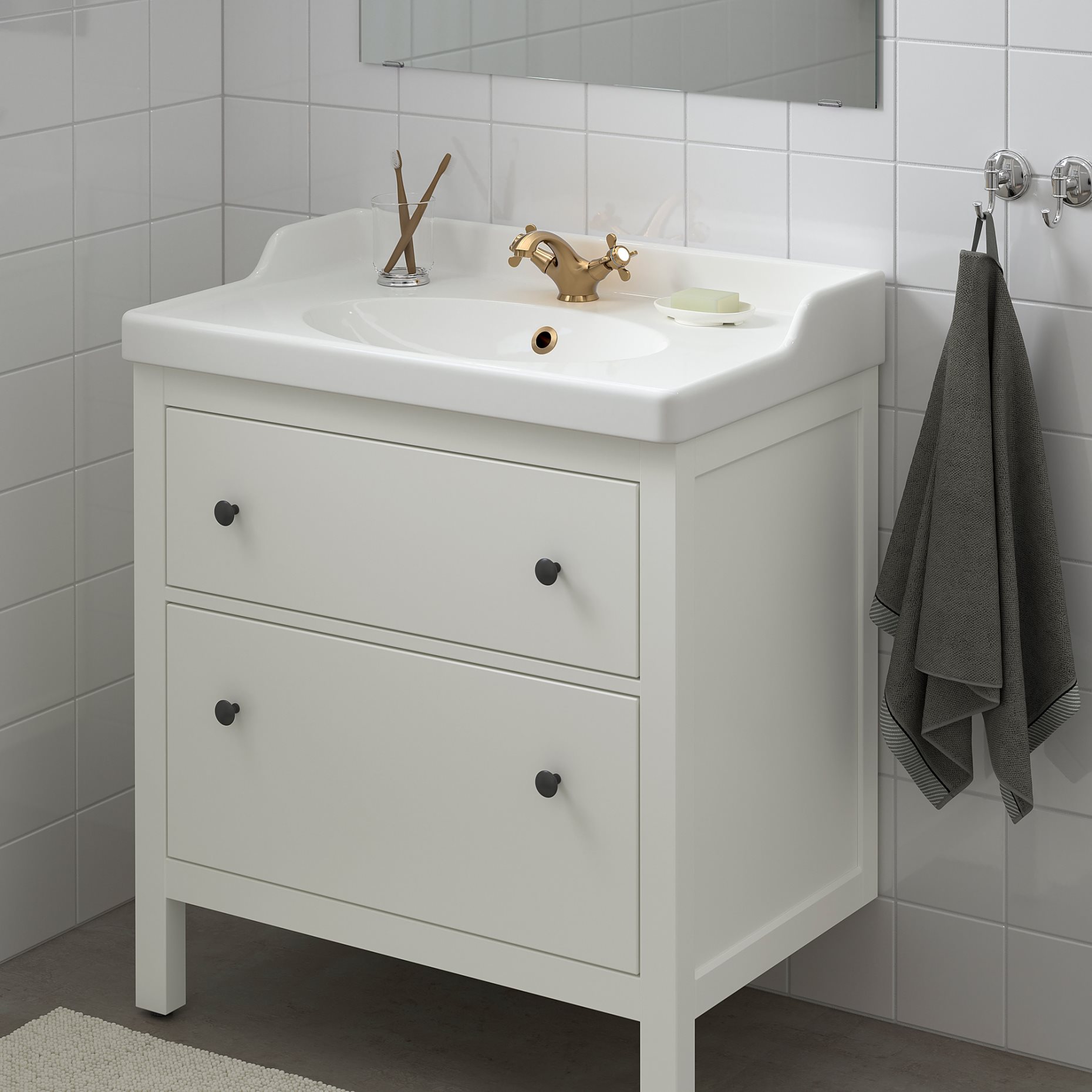 HEMNES/RUTSJON, βάση νιπτήρα με συρτάρια/νιπτήρα/μπαταρία, 82x49x95 cm, 195.468.40