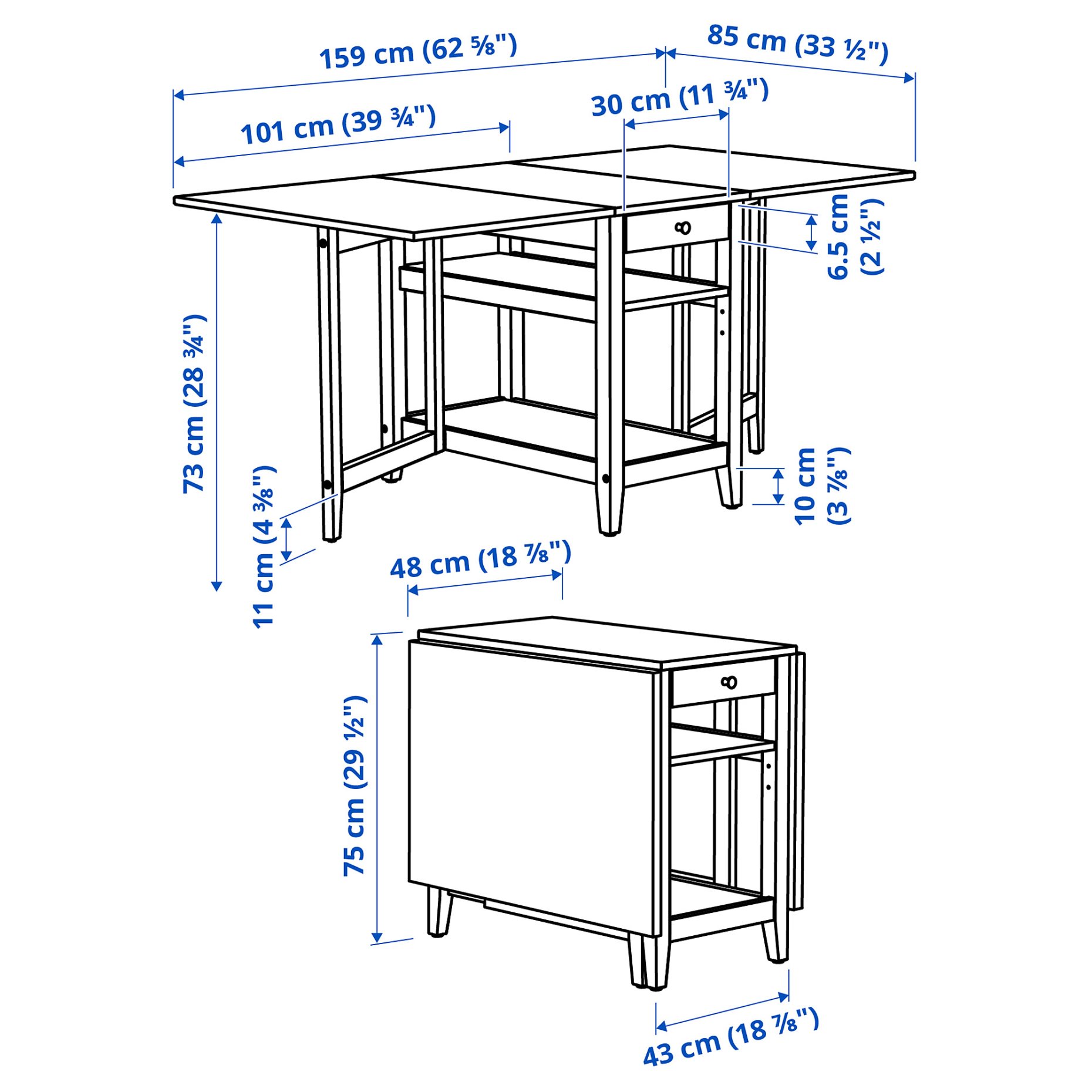 NÄSINGE, gateleg table with storage, 48/104/159x85 cm, 205.875.37