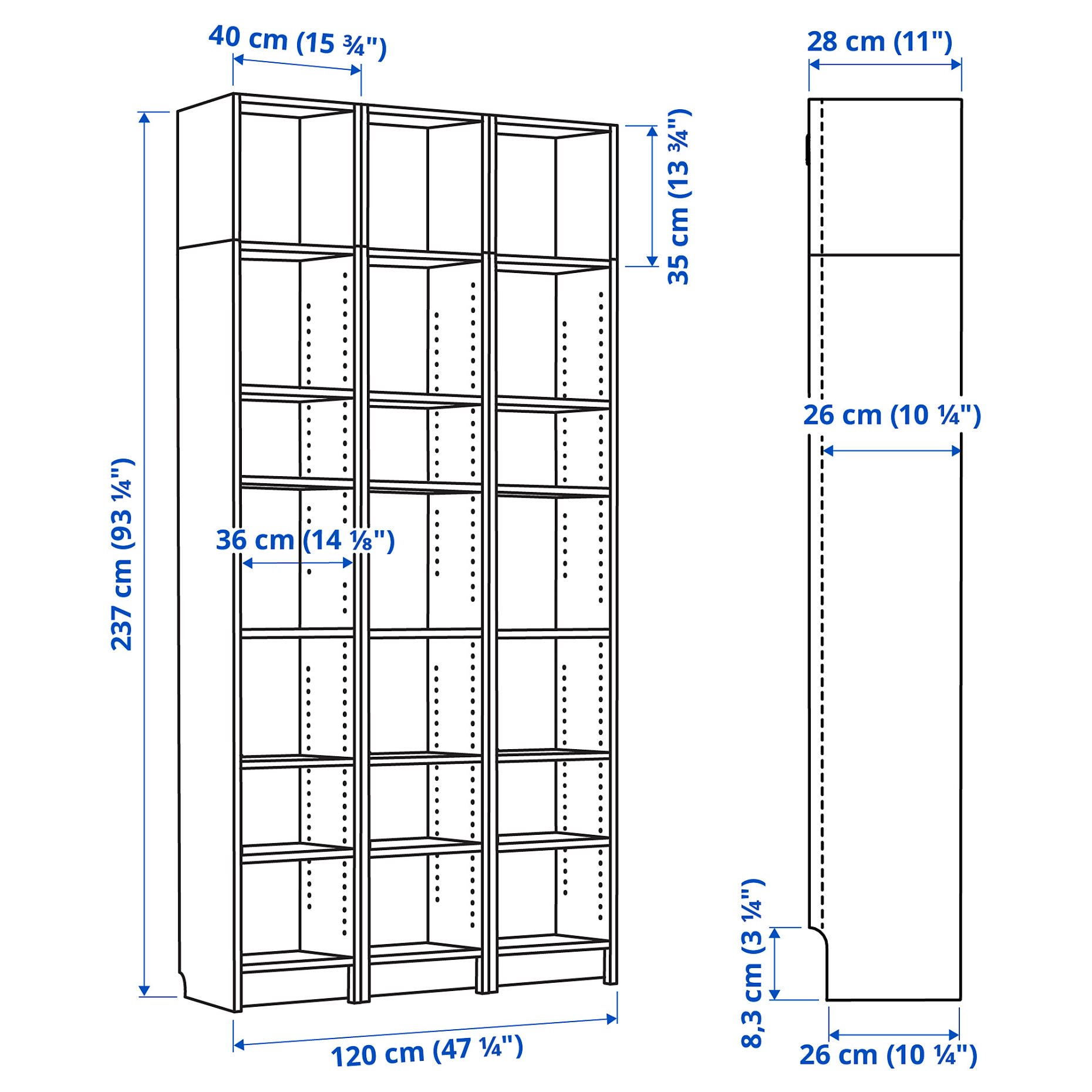 BILLY, bookcase combination with height extension units, 120x28x237 cm, 294.833.90