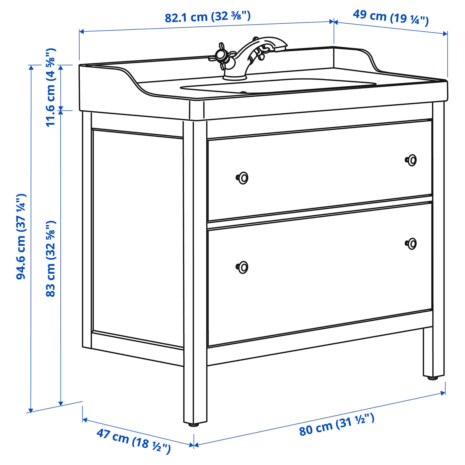 HEMNES/RUTSJON, βάση νιπτήρα με συρτάρια/νιπτήρα/μπαταρία, 82x49x95 cm, 295.376.42