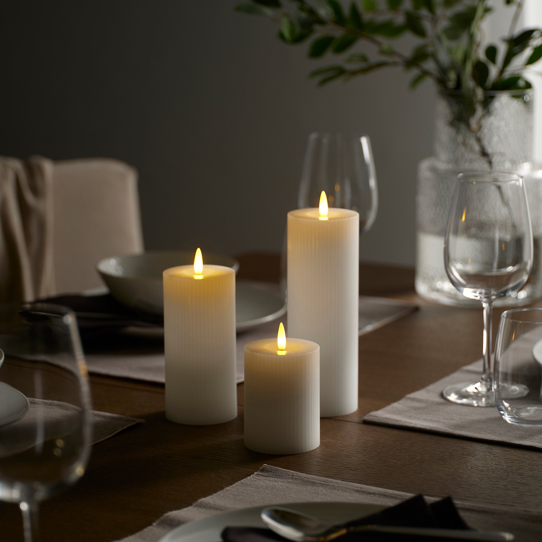 SILVERMÅS, pillar candle with built-in LED light source/battery-operated, set of 3, 306.115.94