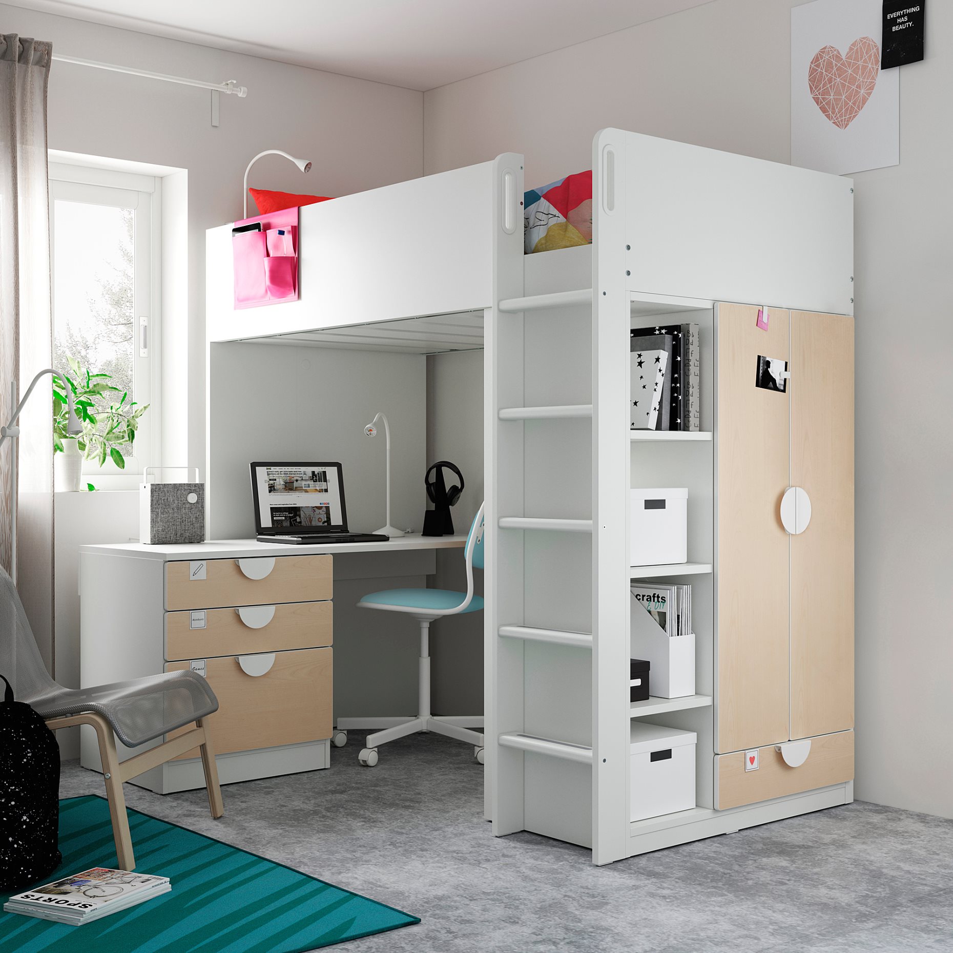 SMÅSTAD, loft bed with desk with 4 drawers, 90x200 cm, 394.358.41