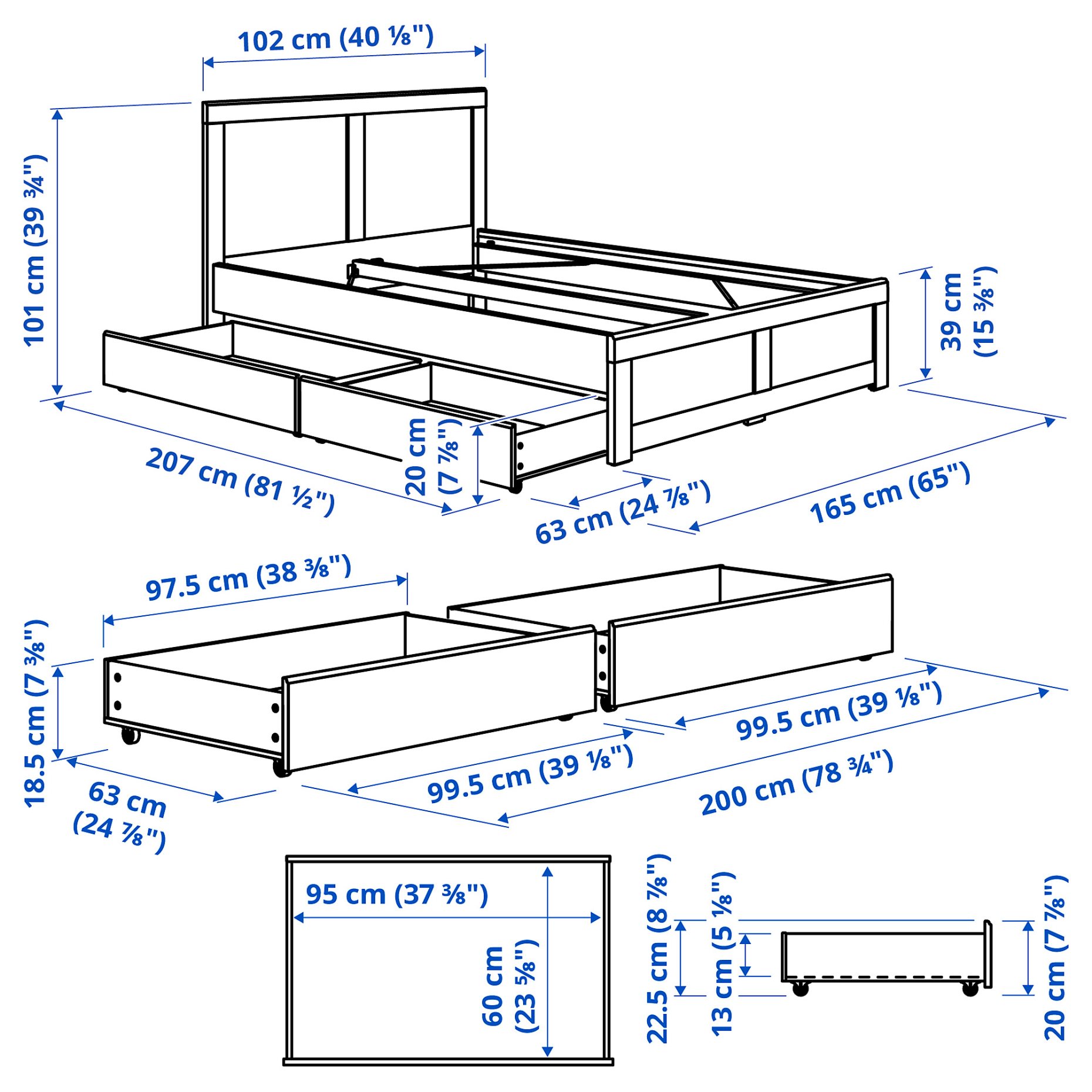 FÅGELFJÄLLET, bed frame with 2 storage boxes, 90x200 cm, 396.287.74