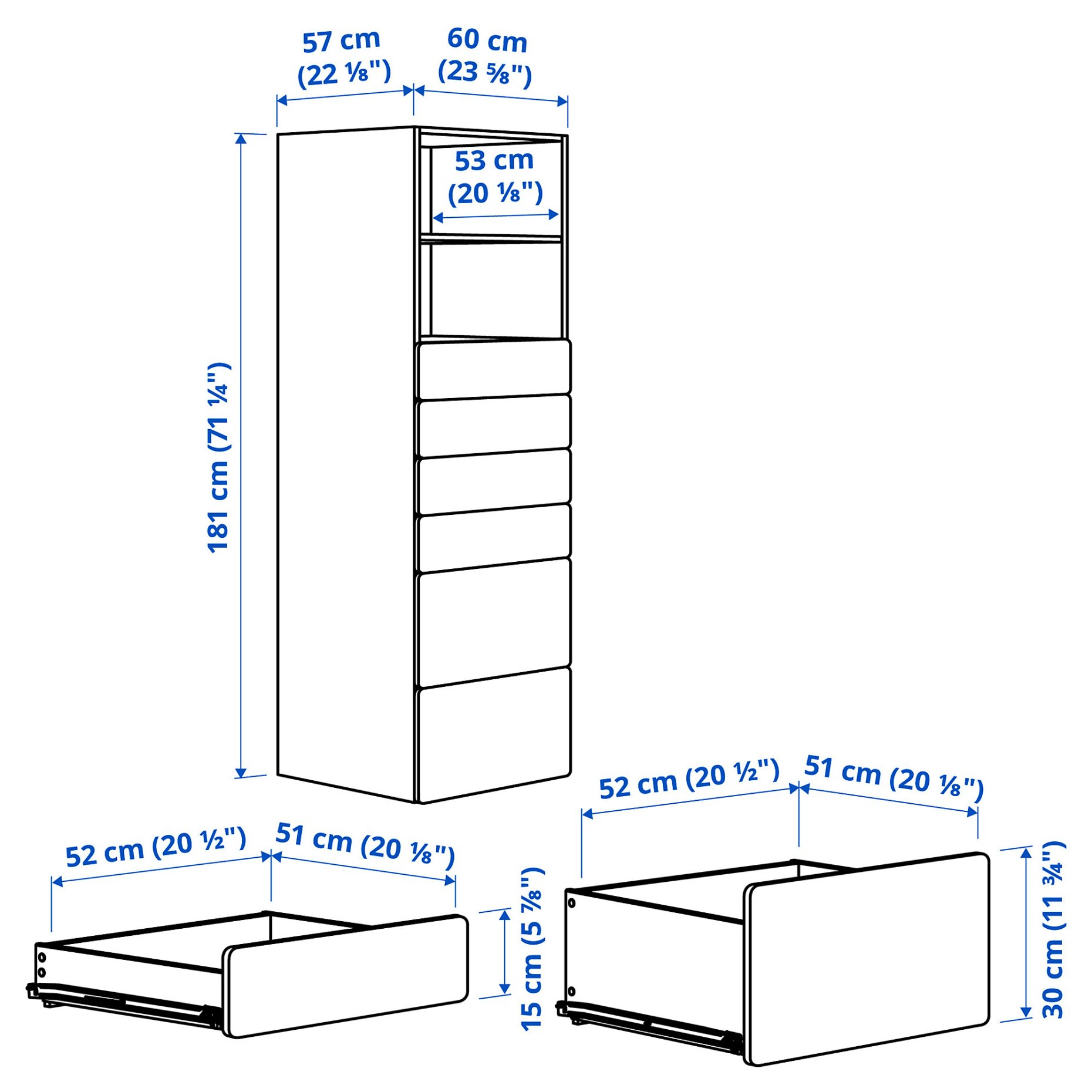 SMASTAD/PLATSA, bookcase with 6 drawers, 60x57x181 cm, 493.880.71