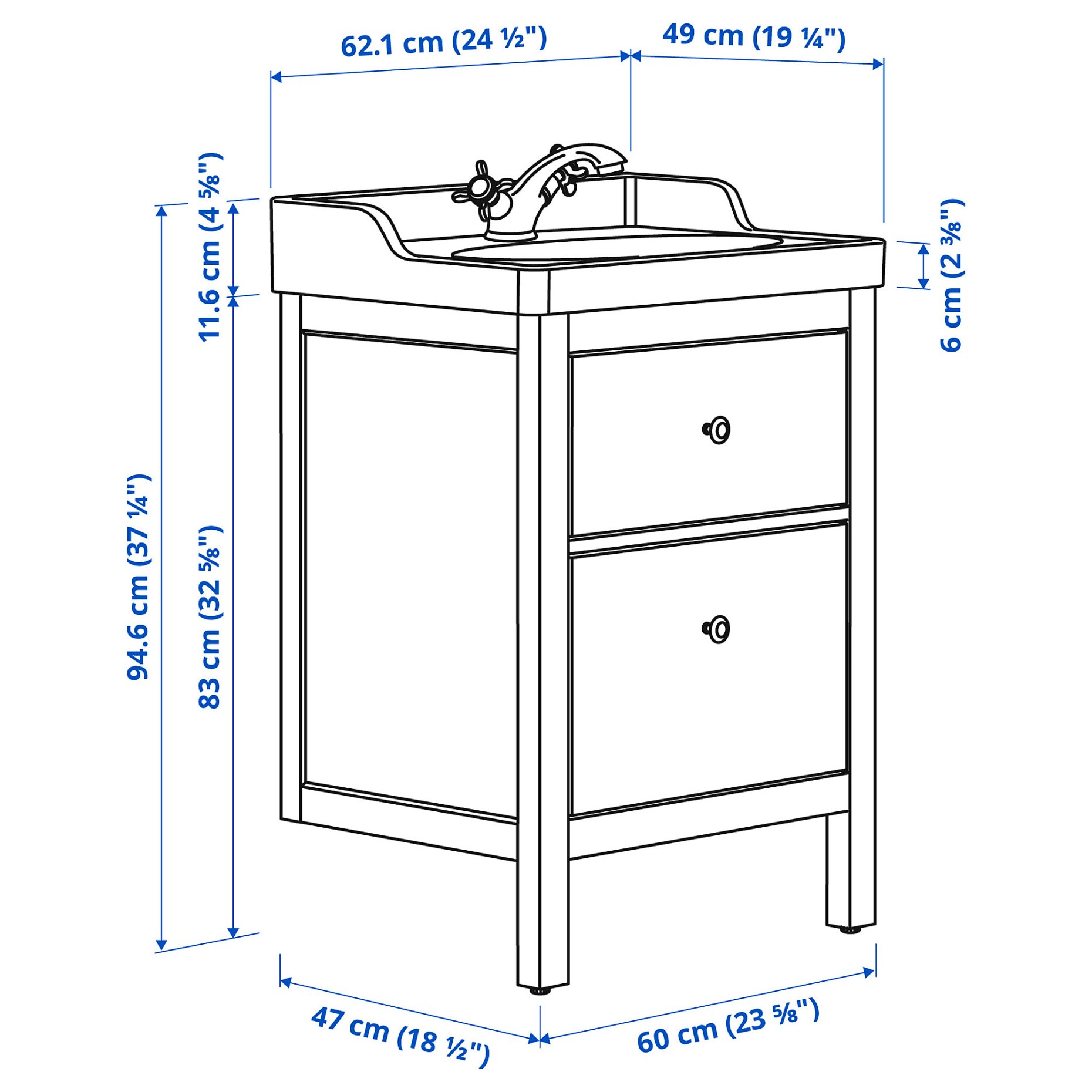 HEMNES/RUTSJON, βάση νιπτήρα με συρτάρια/νιπτήρα/μπαταρία, 62x49x95 cm, 495.468.34