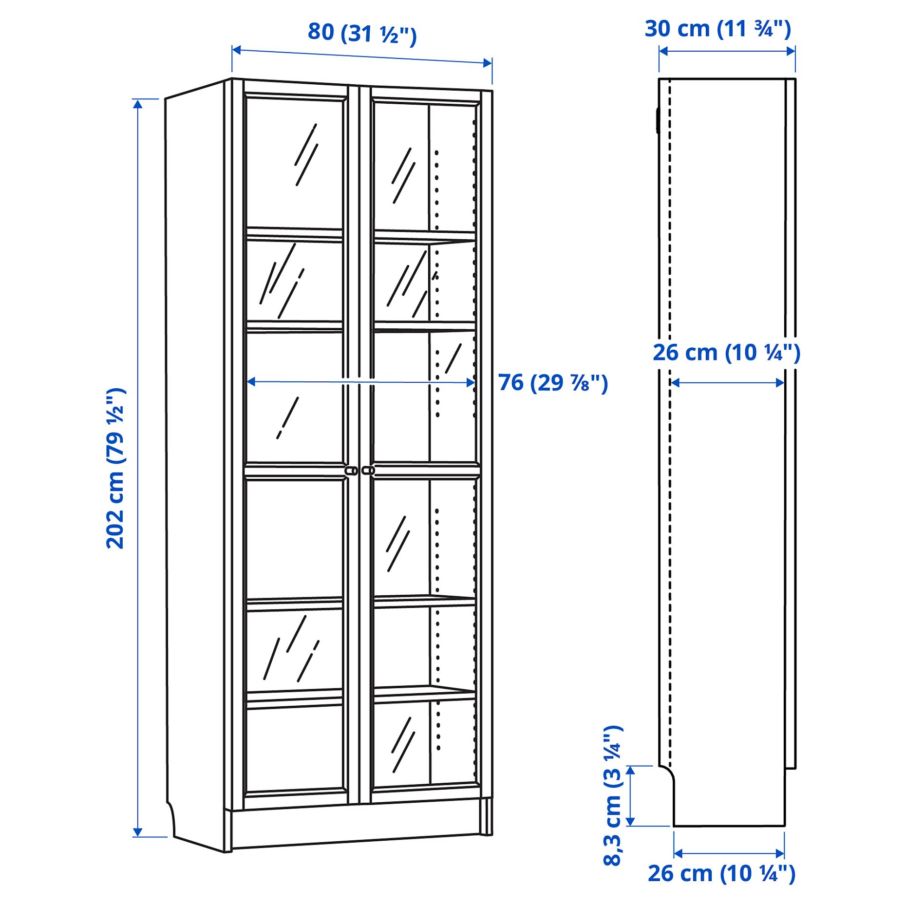 BILLY/OXBERG, βιβλιοθήκη με γυάλινες πόρτες, 80x30x202 cm, 594.833.17