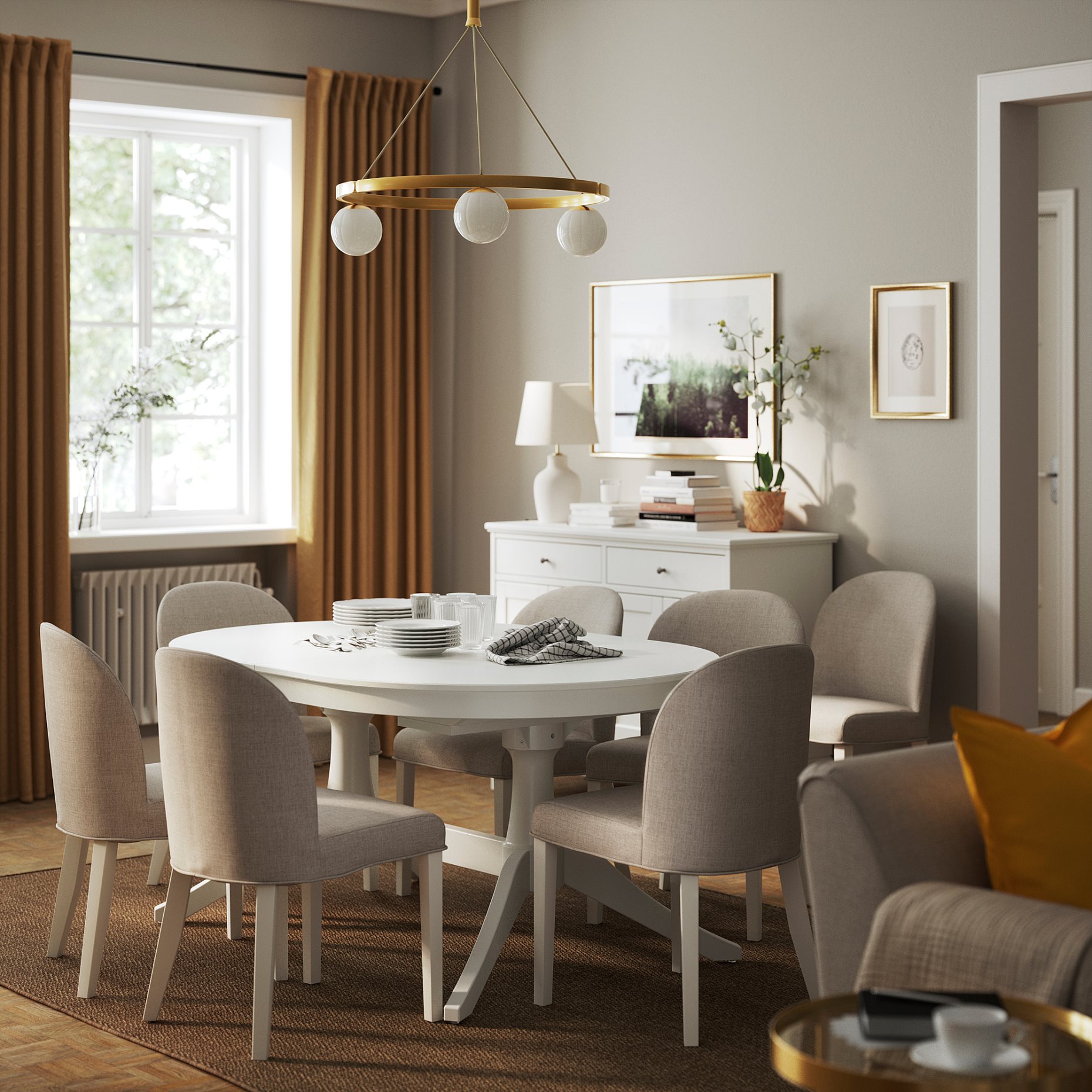 ROSENTORP, table and 6 chairs, 160/215x110 cm, 596.101.36