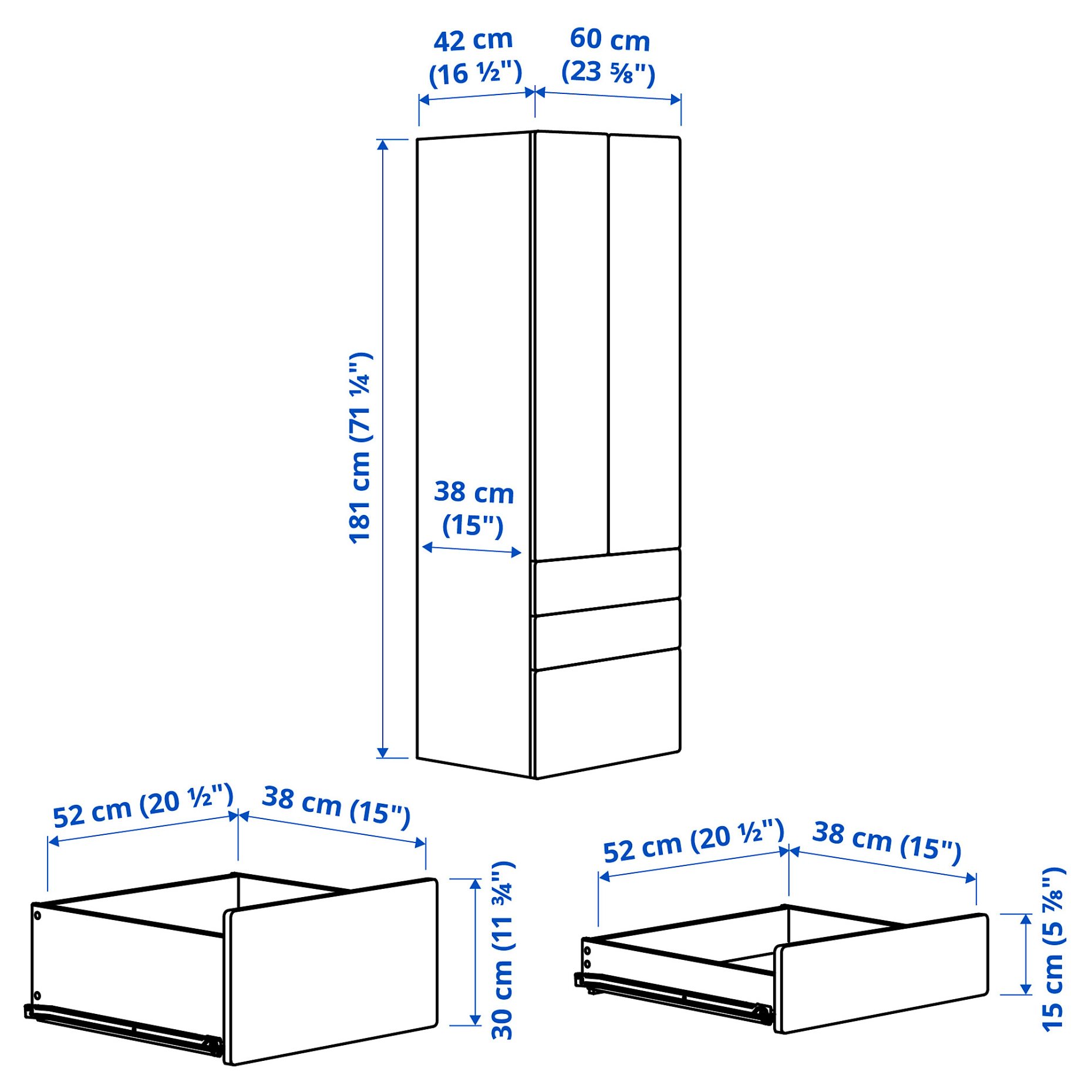 SMASTAD/PLATSA, wardrobe with 3 drawers, 60x42x181 cm, 694.262.08