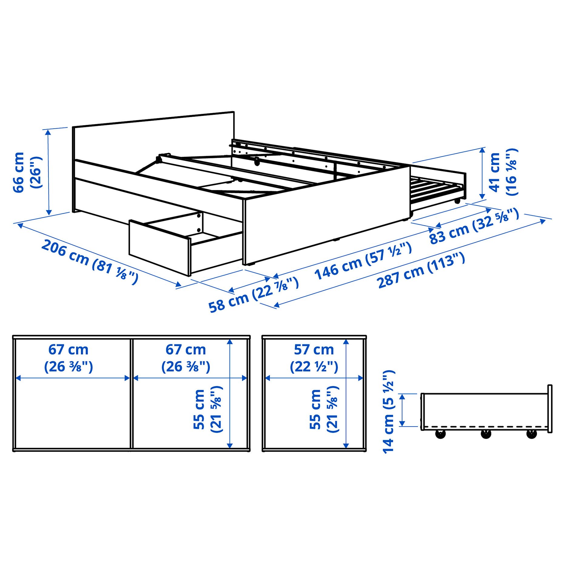 VIHALS, bed frame with 2 storage boxes/1 trundle bed, 140x200 cm, 695.820.10