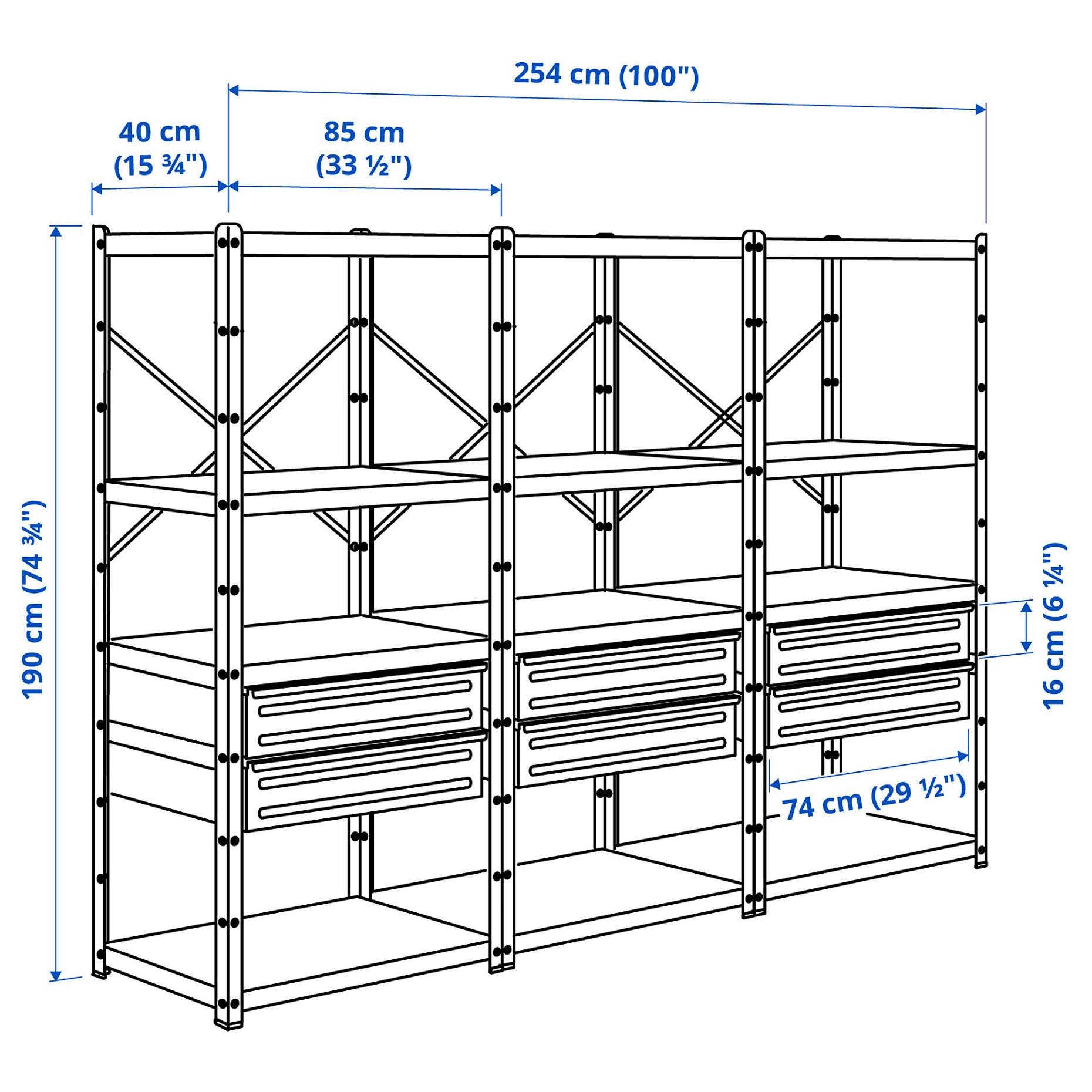 BROR, shelving unit with drawers/shelves, 254x40x190 cm, 794.369.09