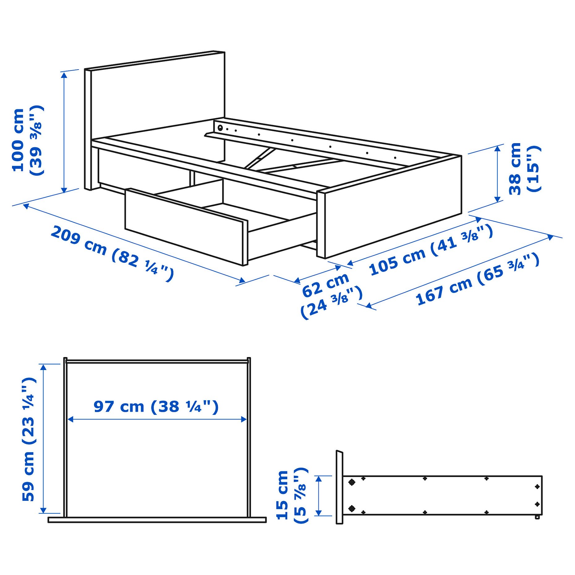 MALM, bed frame/high with 2 storage boxes, 90X200 cm, 794.949.75