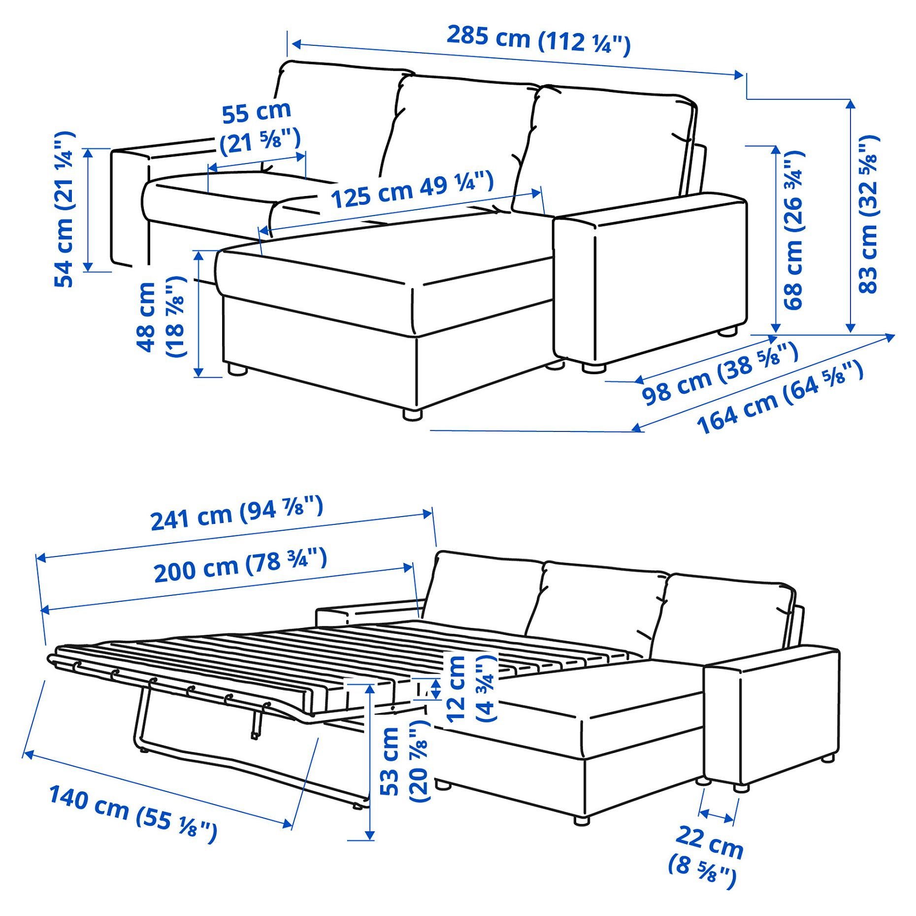 VIMLE, 3-seat sofa-bed with wide armrests and chaise longue, 795.370.84