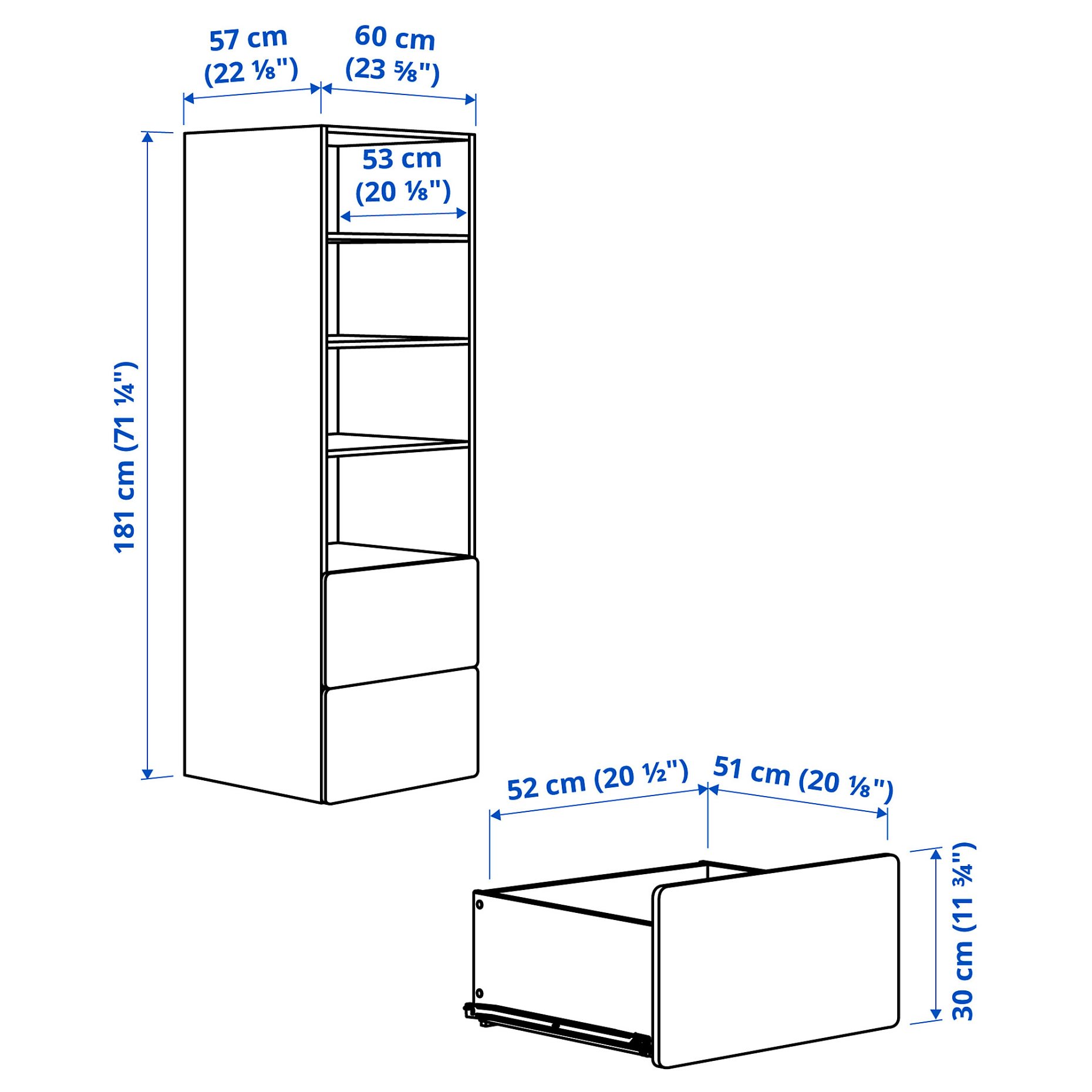 SMASTAD/PLATSA, bookcase with 2 drawers, 60x57x181 cm, 795.426.41