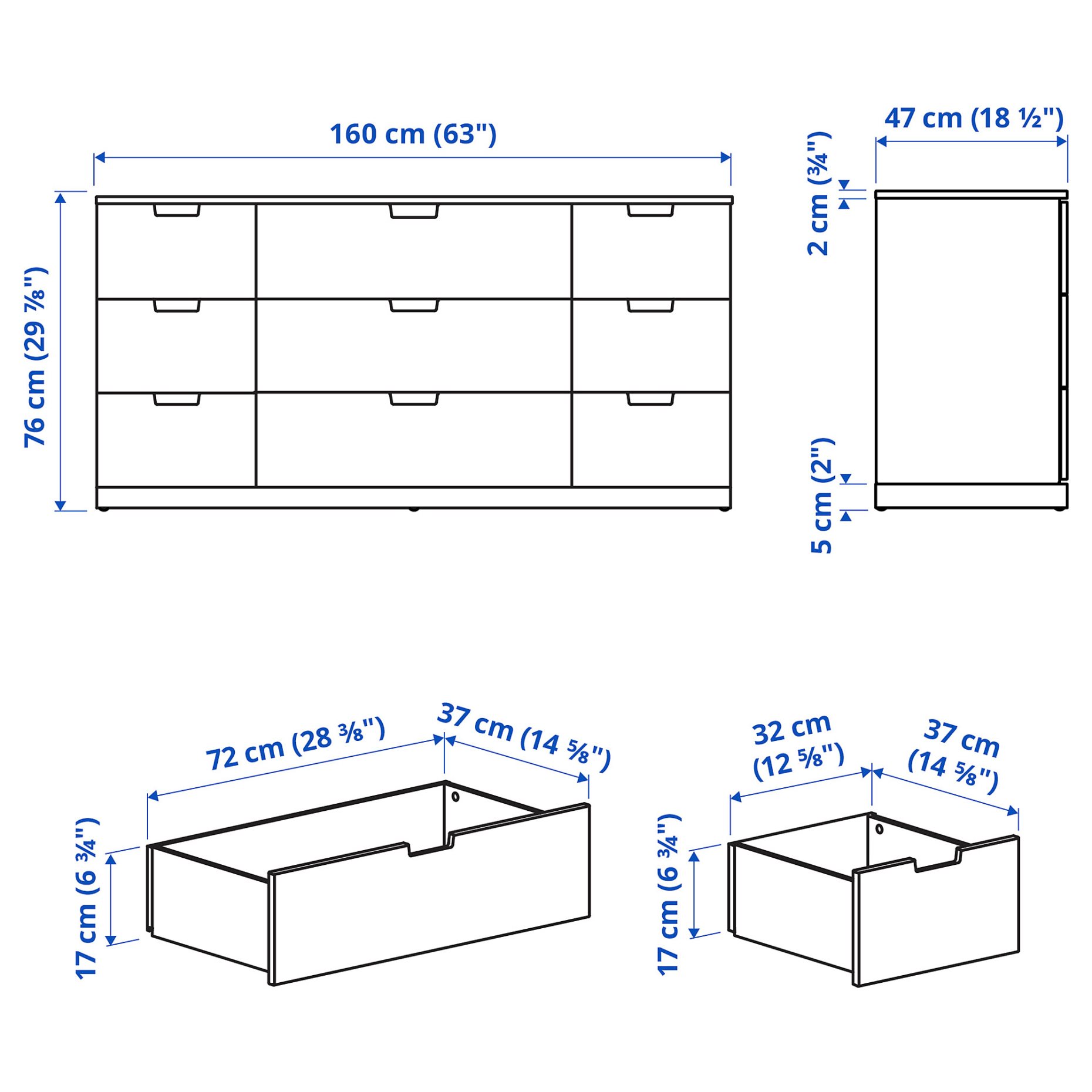NORDLI, chest of 9 drawers, 160x76 cm, 892.395.07