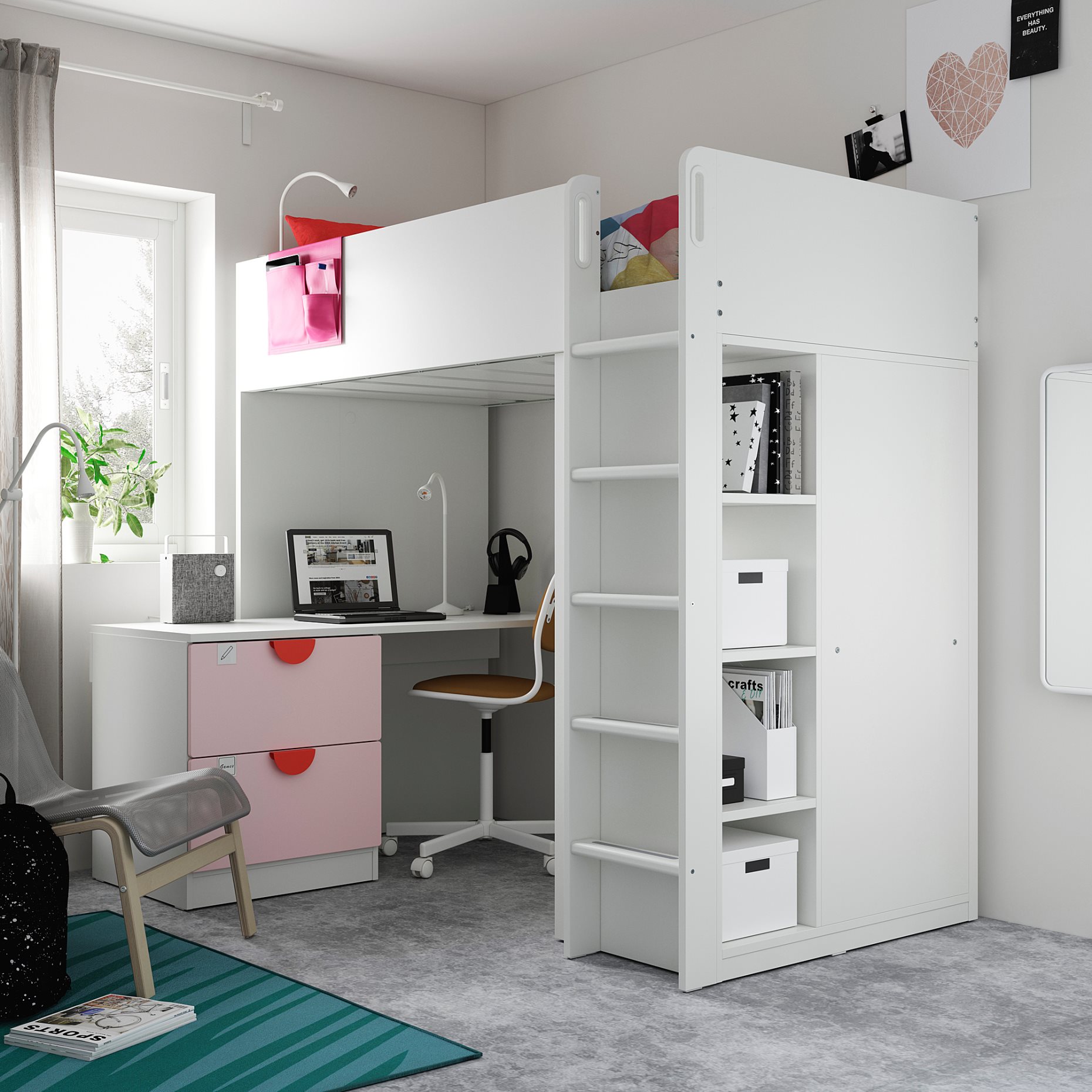 SMÅSTAD, loft bed with desk with 3 drawers, 90x200 cm, 894.374.23