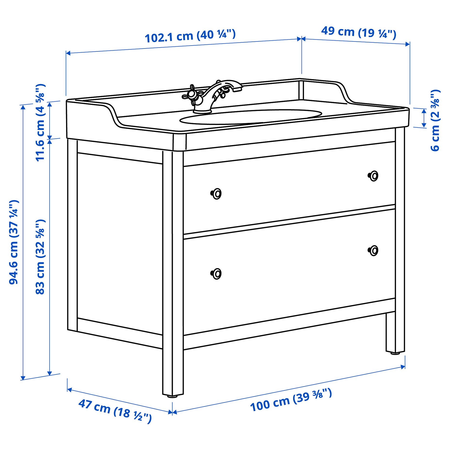 HEMNES/RUTSJON, βάση νιπτήρα με συρτάρια/νιπτήρα/μπαταρία, 102x49x95 cm, 895.468.27