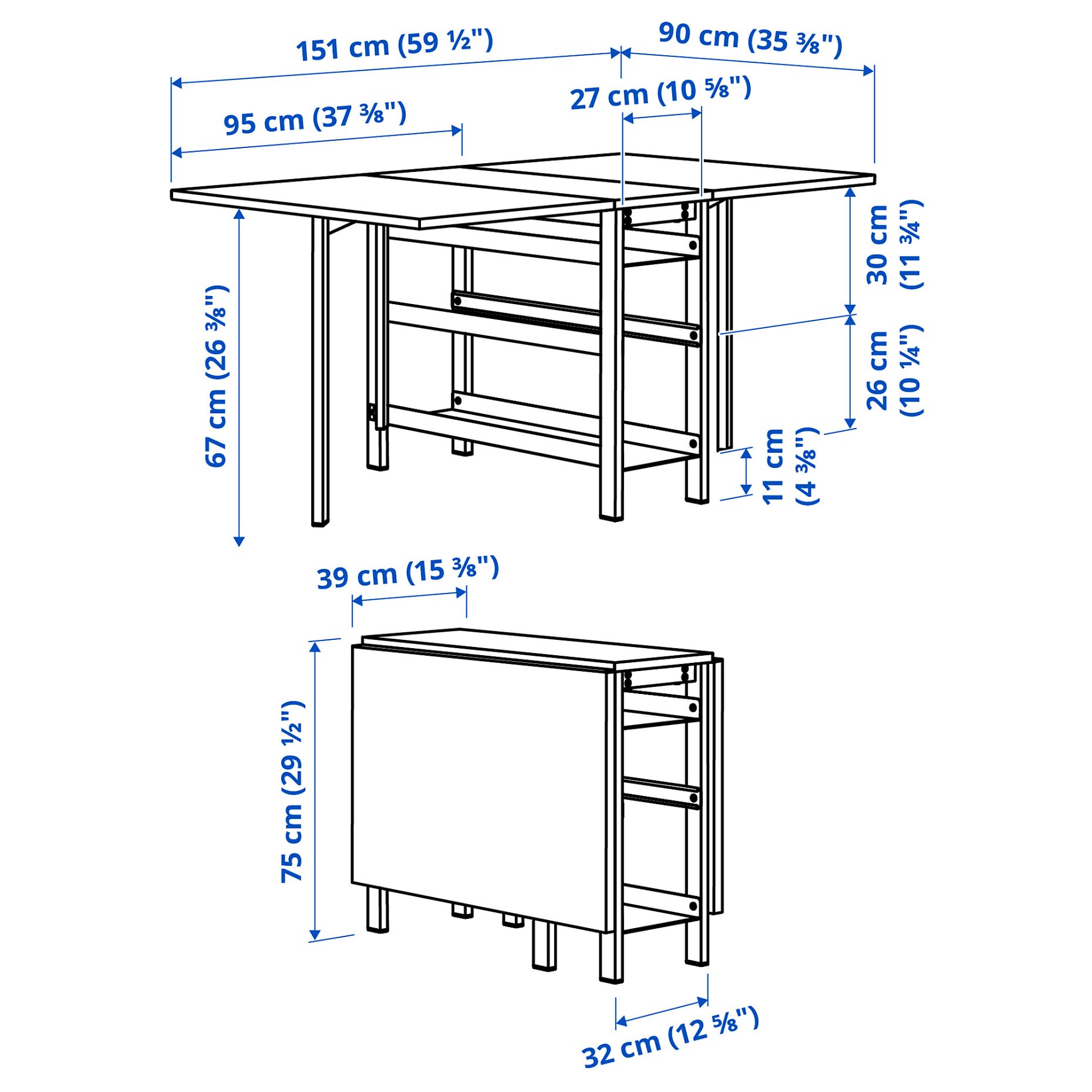 VIHALS, gateleg table and 2 chairs, 39/95/151x90 cm, 896.067.79