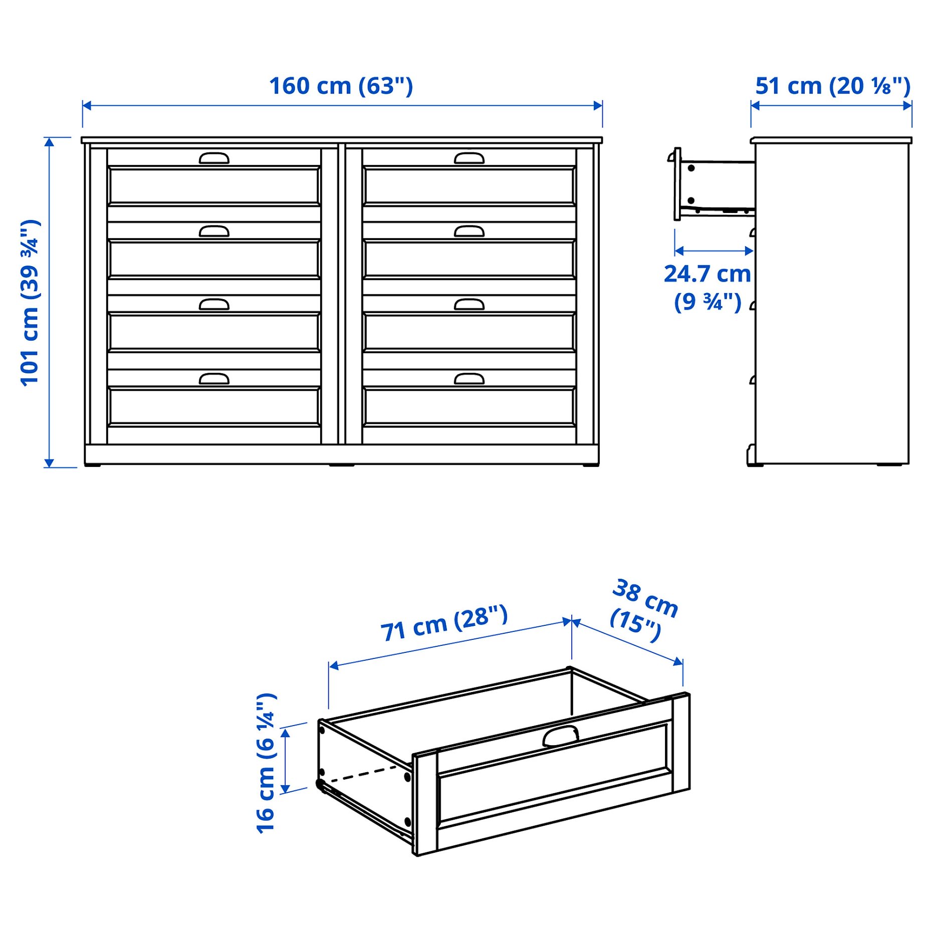 FÅGELFJÄLLET, chest of 8 drawers, 160x51x101 cm, 906.116.47