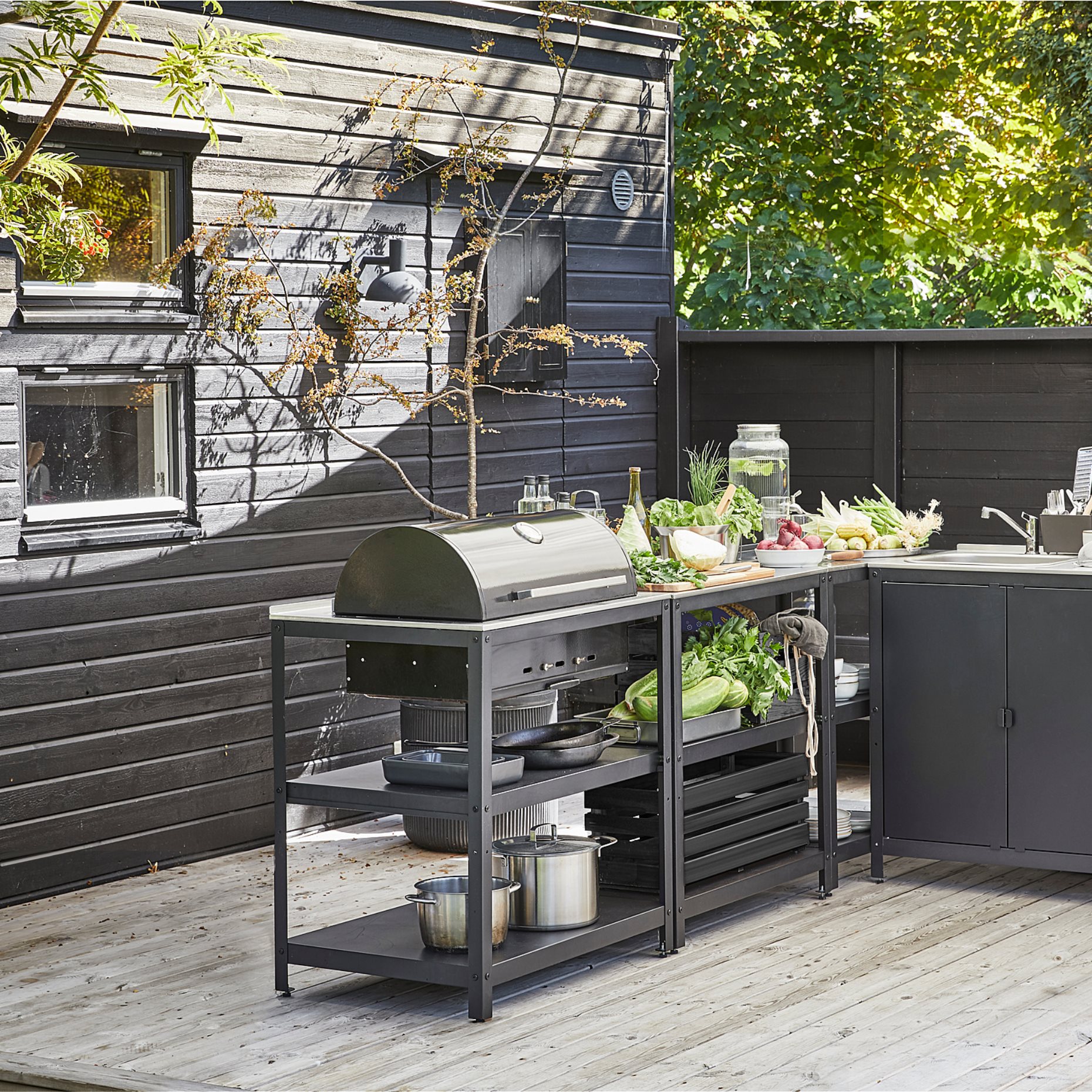 GRILLSKÄR, kitchen sink unit/charcoal barbecue/outdoor, 258x147 cm, 994.964.45