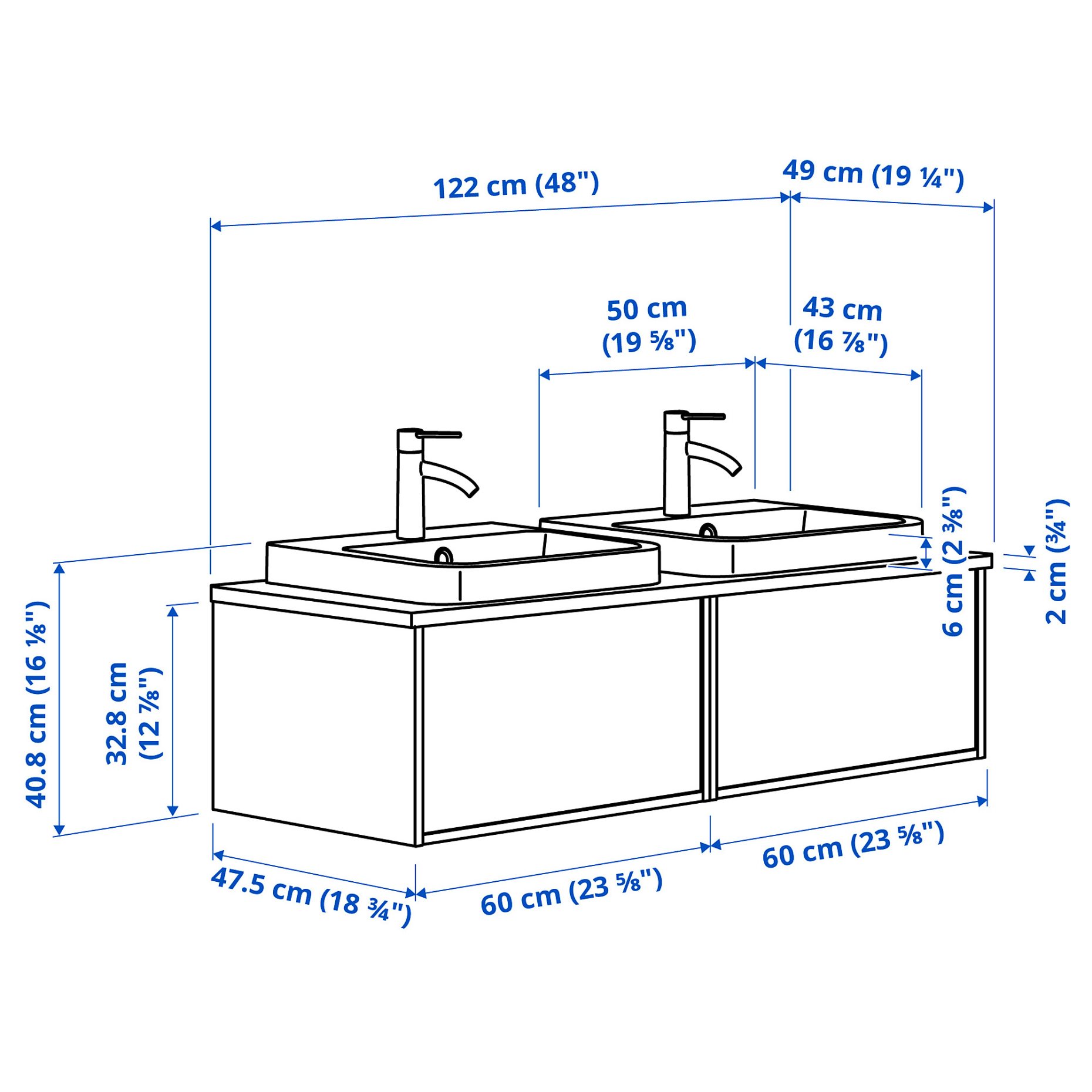 ANGSJON/KATTEVIK, έπιπλο νιπτήρα/νιπτήρες/μπαταρίες/γυαλιστερό, 122x49x41 cm, 995.285.97