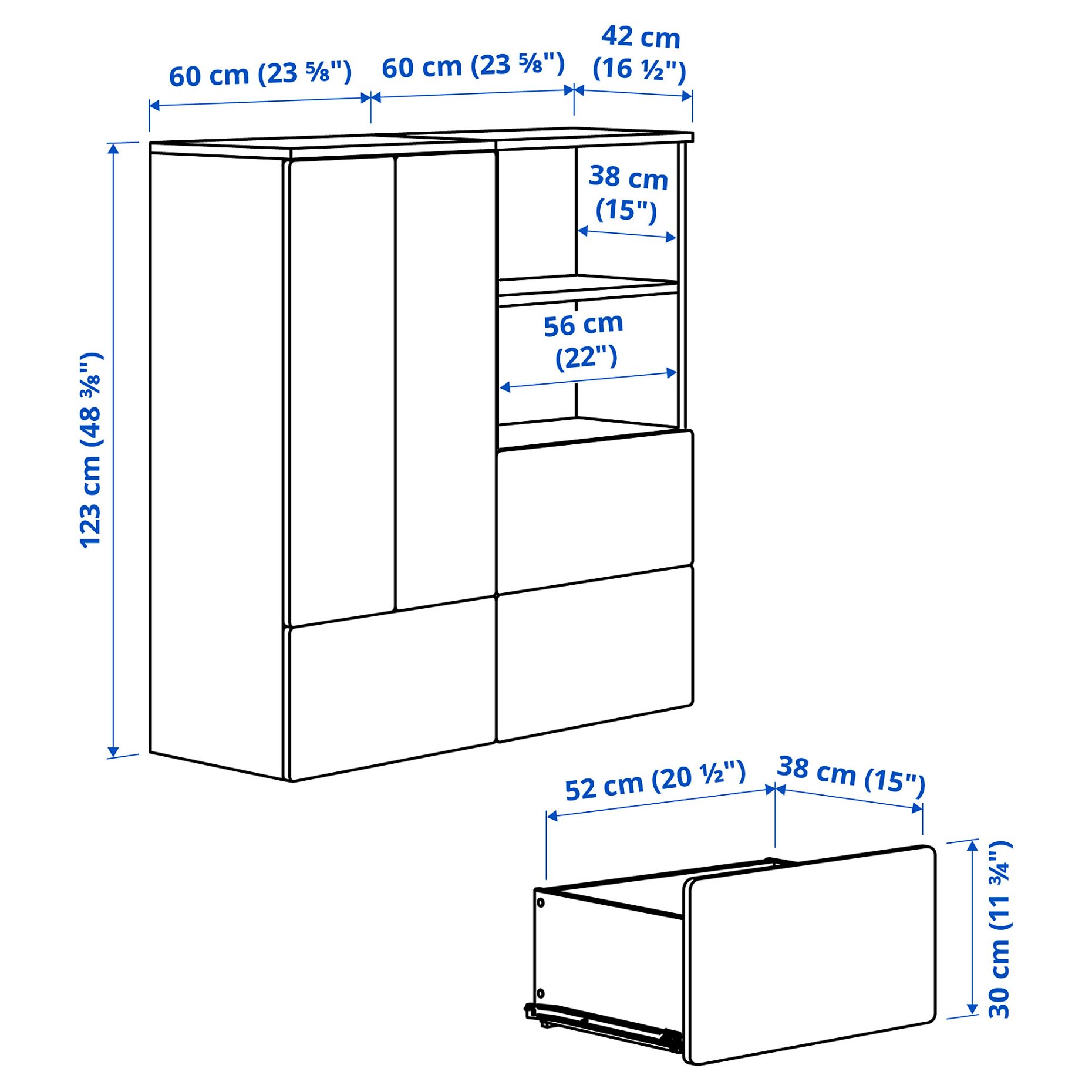 SMASTAD/PLATSA, storage combination with 3 drawers, 120x42x123 cm, 995.499.86