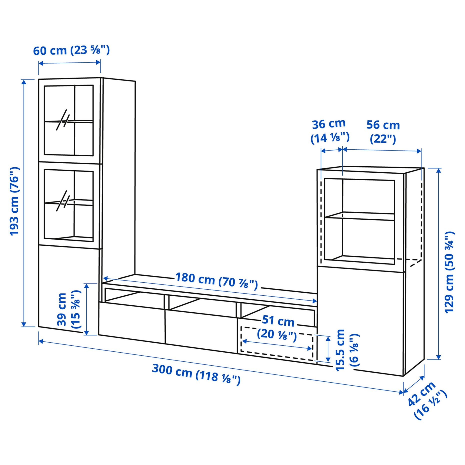 BESTÅ, σύνθεση αποθήκευσης TV/γυάλινες πόρτες/συρτάρια με μαλακό κλείσιμο, 300x42x193 cm, 093.307.94
