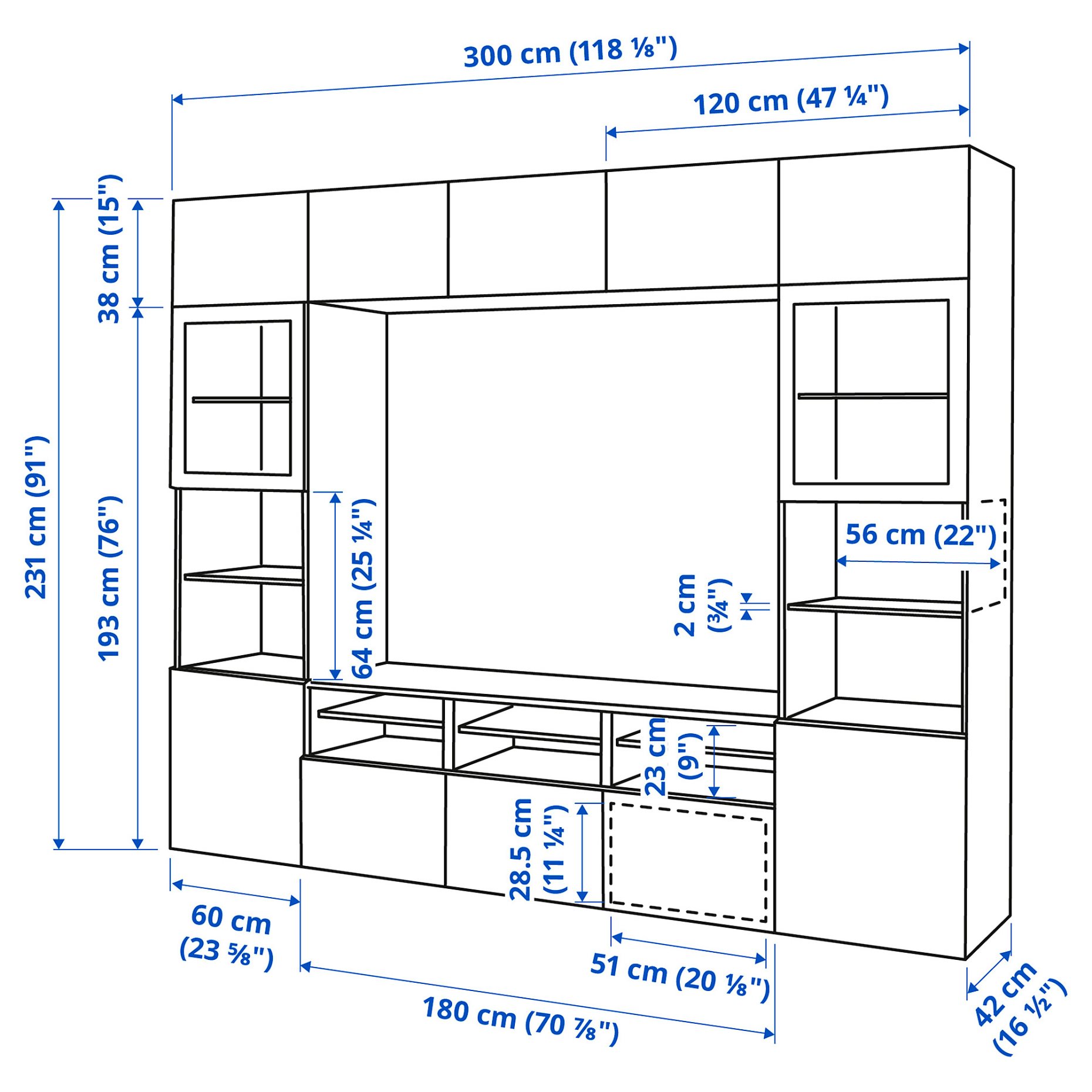 BESTÅ, σύνθεση αποθήκευσης TV/γυάλινες πόρτες/συρτάρια με μαλακό κλείσιμο, 300x42x231 cm, 094.110.02