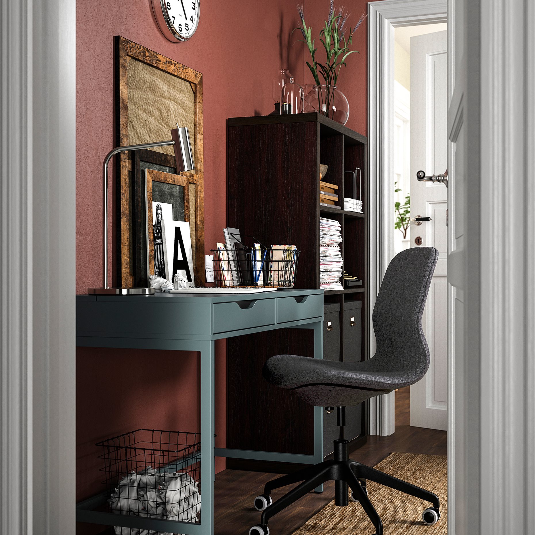ALEX/LANGFJALL/KALLAX, desk and storage combination with swivel chair, 094.367.57