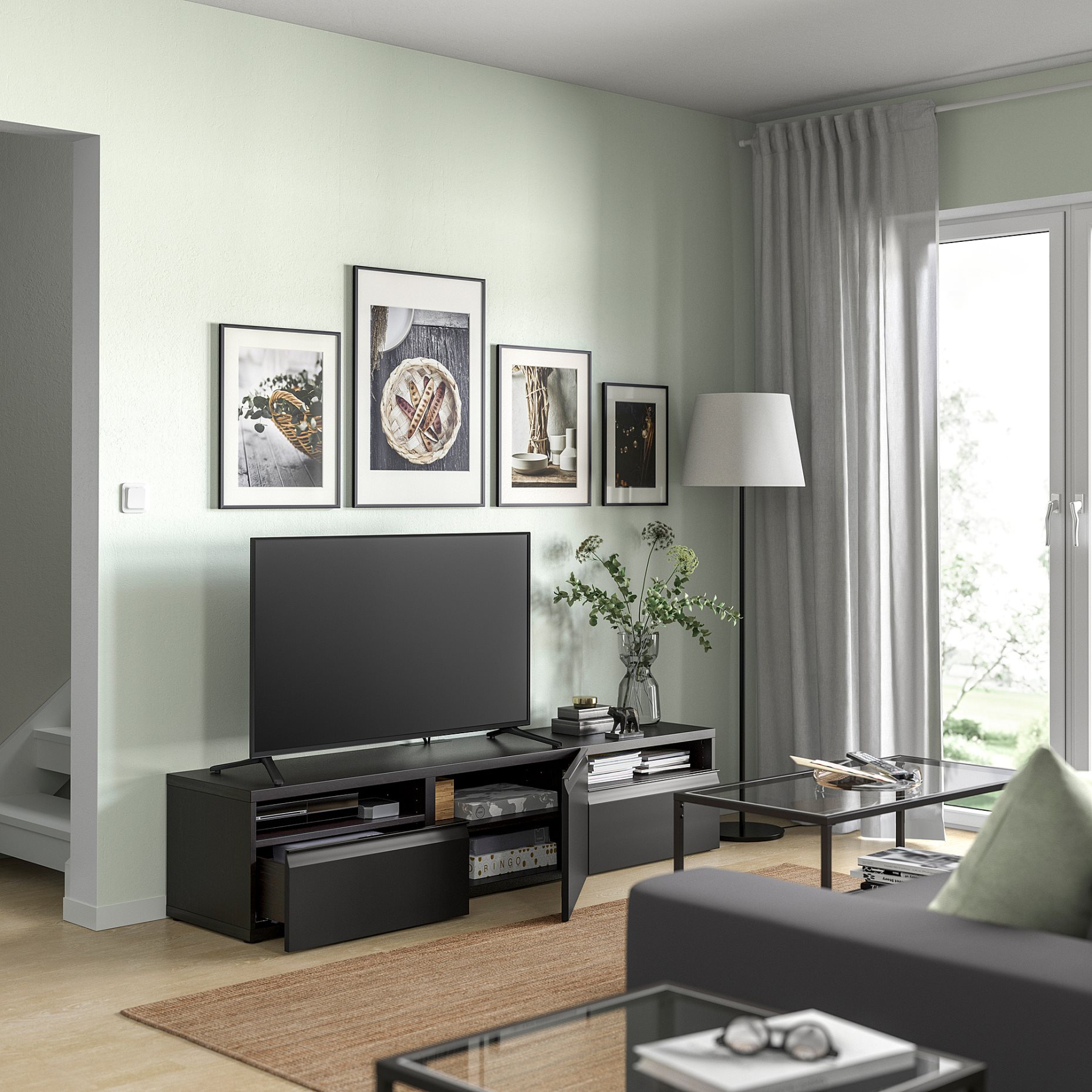 BESTÅ, TV bench with door/drawers soft closing, 180x42x39 cm, 095.689.17