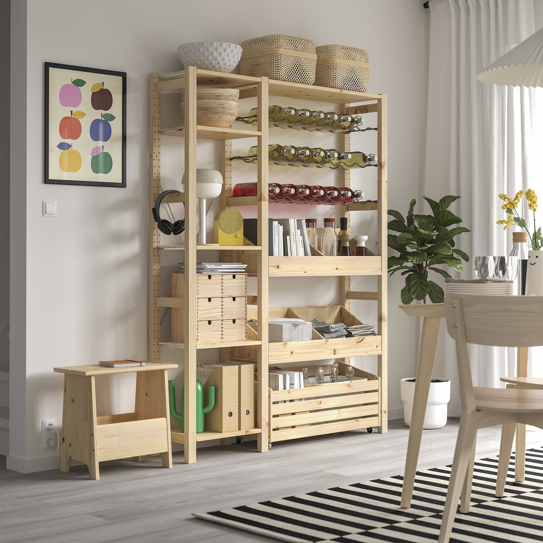 IVAR, shelving combination with bottle racks/2 box shelves, 134x30x179 cm, 095.905.79