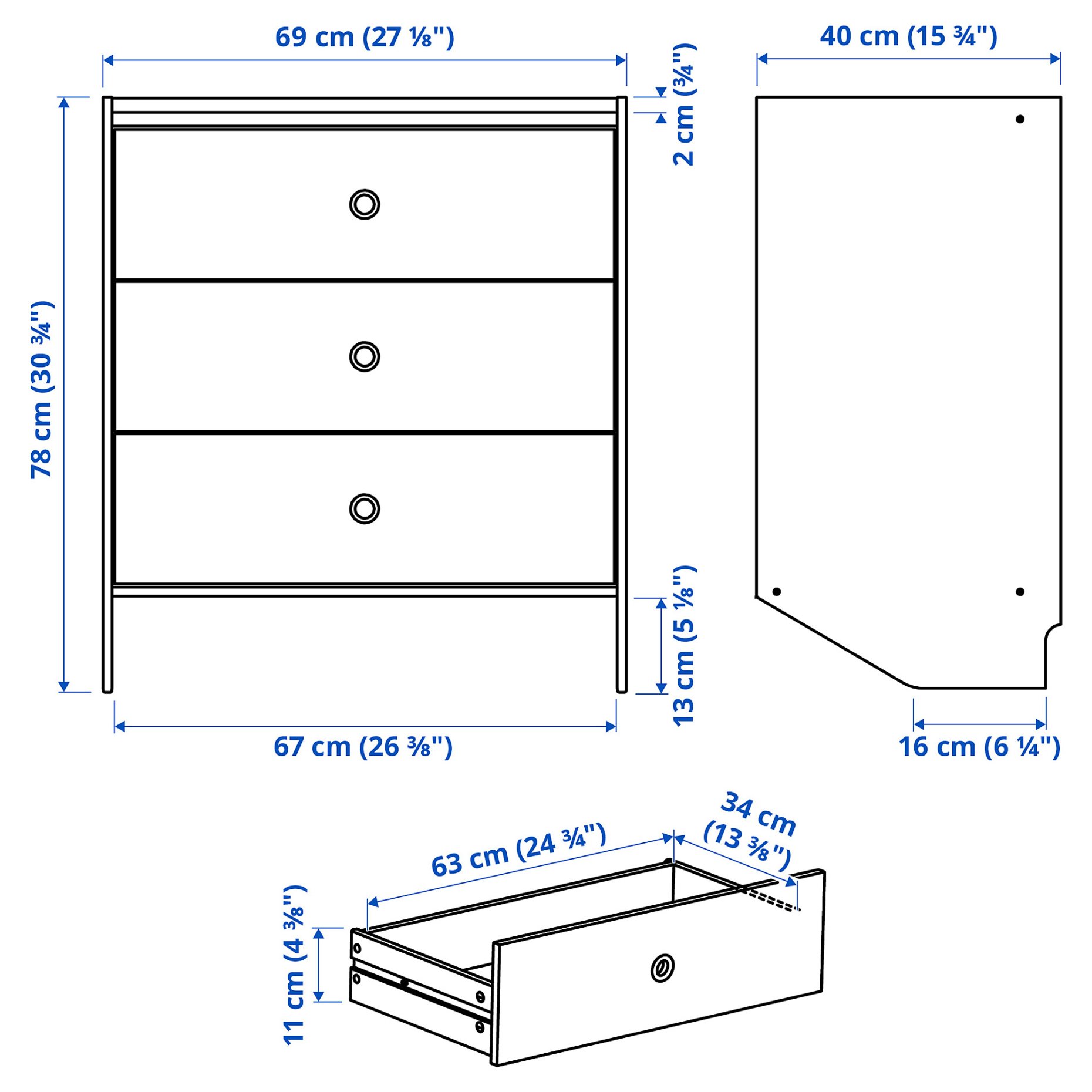 RACKNAS, chest of 3 drawers/wall mounted, 69x78 cm, 105.945.24
