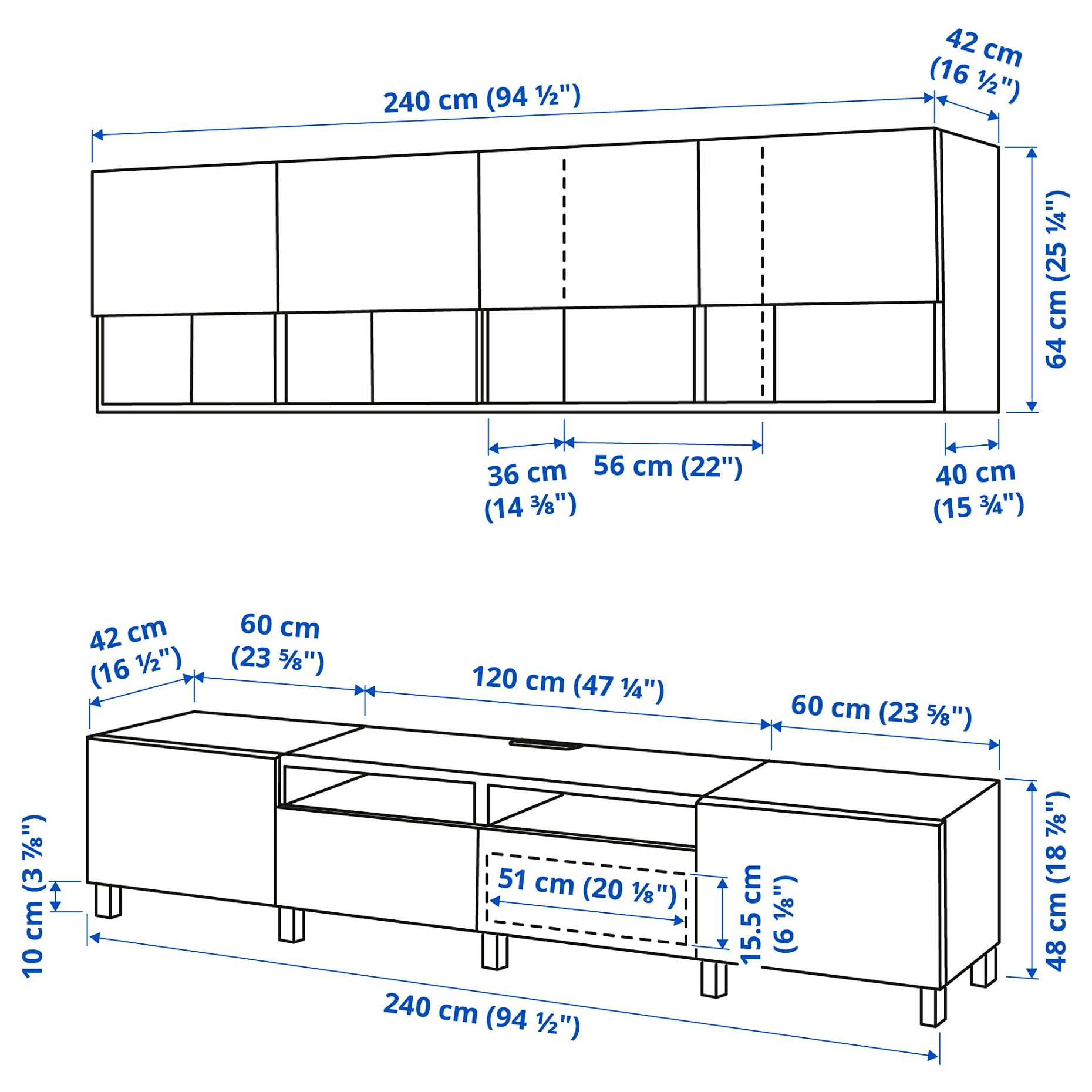 BESTÅ, σύνθεση αποθήκευσης TV/πόρτες/συρτάρια με μαλακό κλείσιμο, 240x42x230 cm, 194.119.64