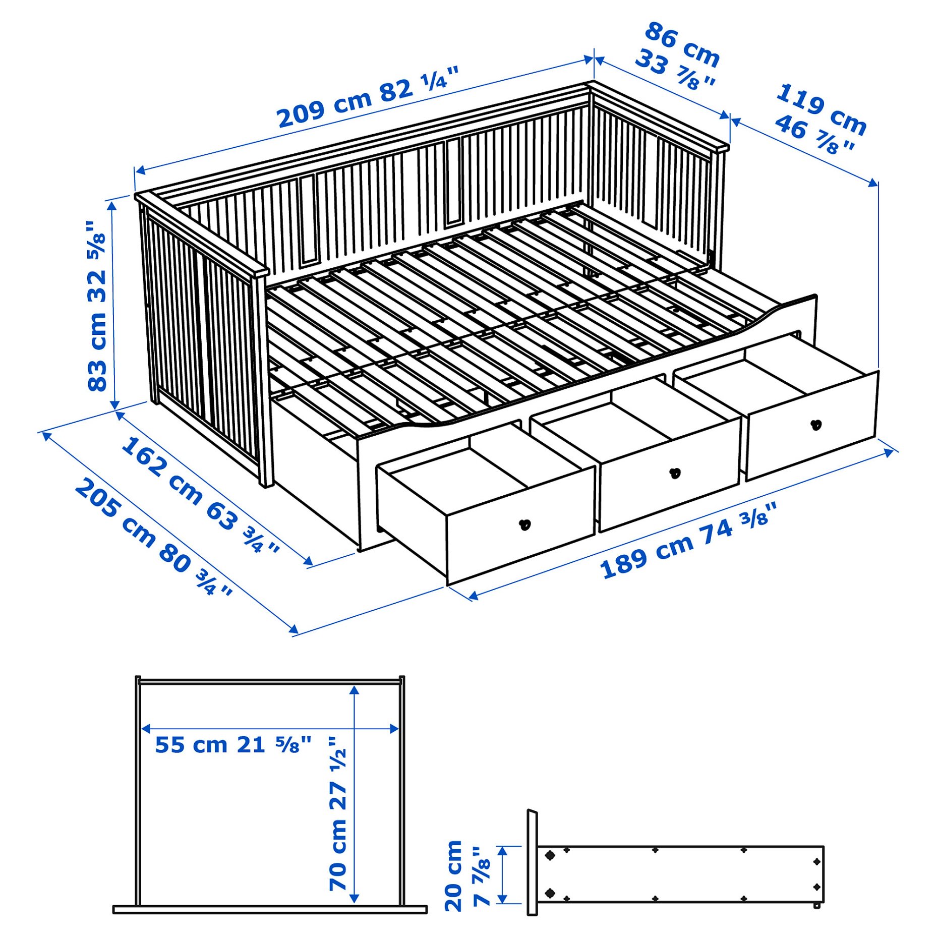 HEMNES, κρεβάτι επισκέπτη day bed 3 συρτάρια/2 στρώματα, 80x200 cm, 196.102.23