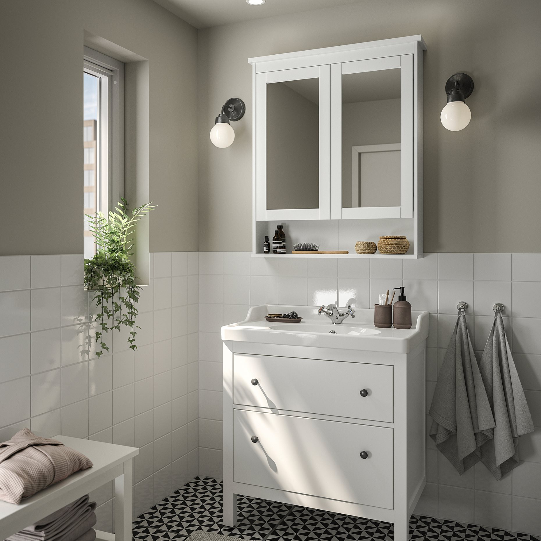 HEMNES/RUTSJON, βάση νιπτήρα με συρτάρια/νιπτήρα/μπαταρία, 82x49x95 cm, 295.376.42
