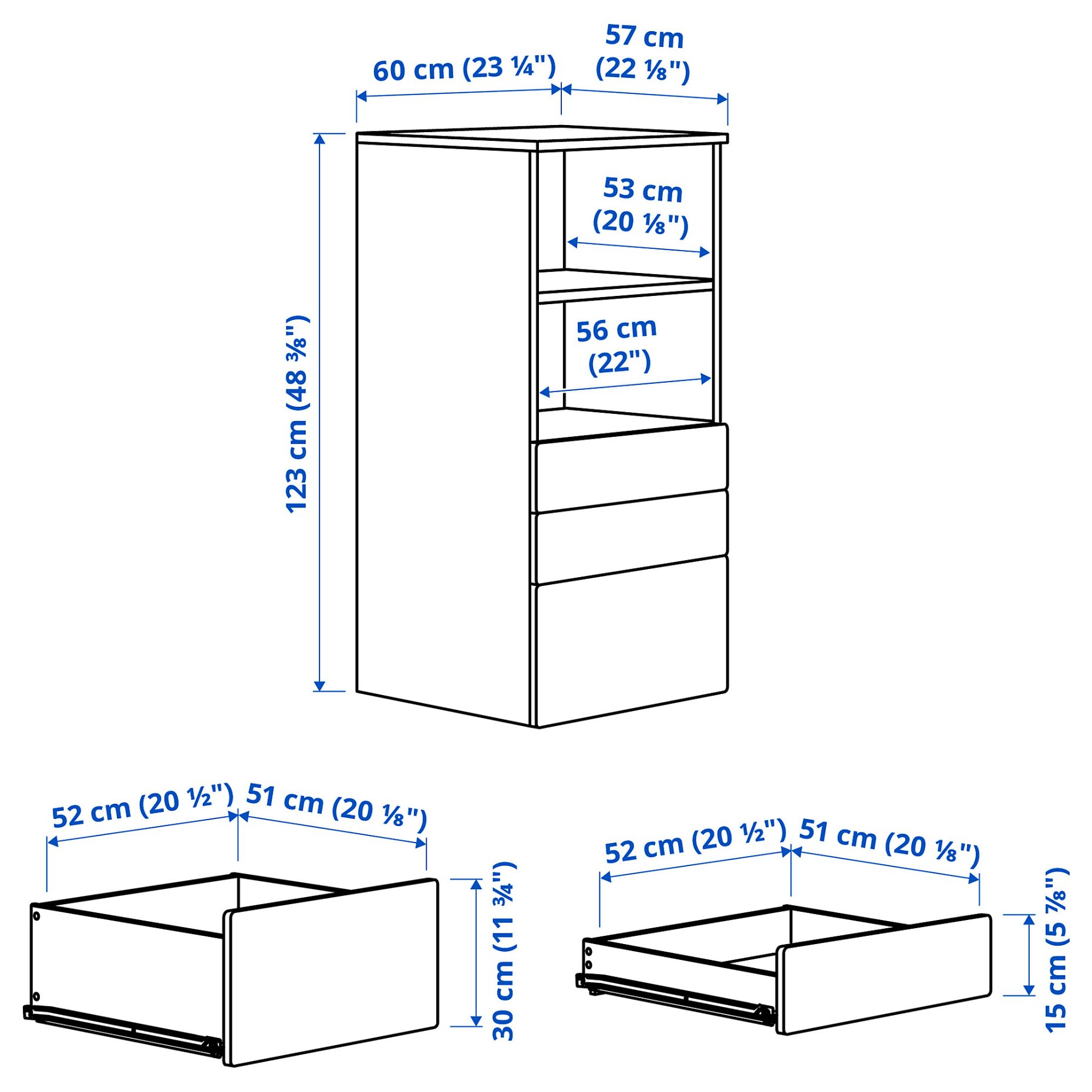 SMASTAD/PLATSA, bookcase with 3 drawers, 60x57x123 cm, 493.878.11