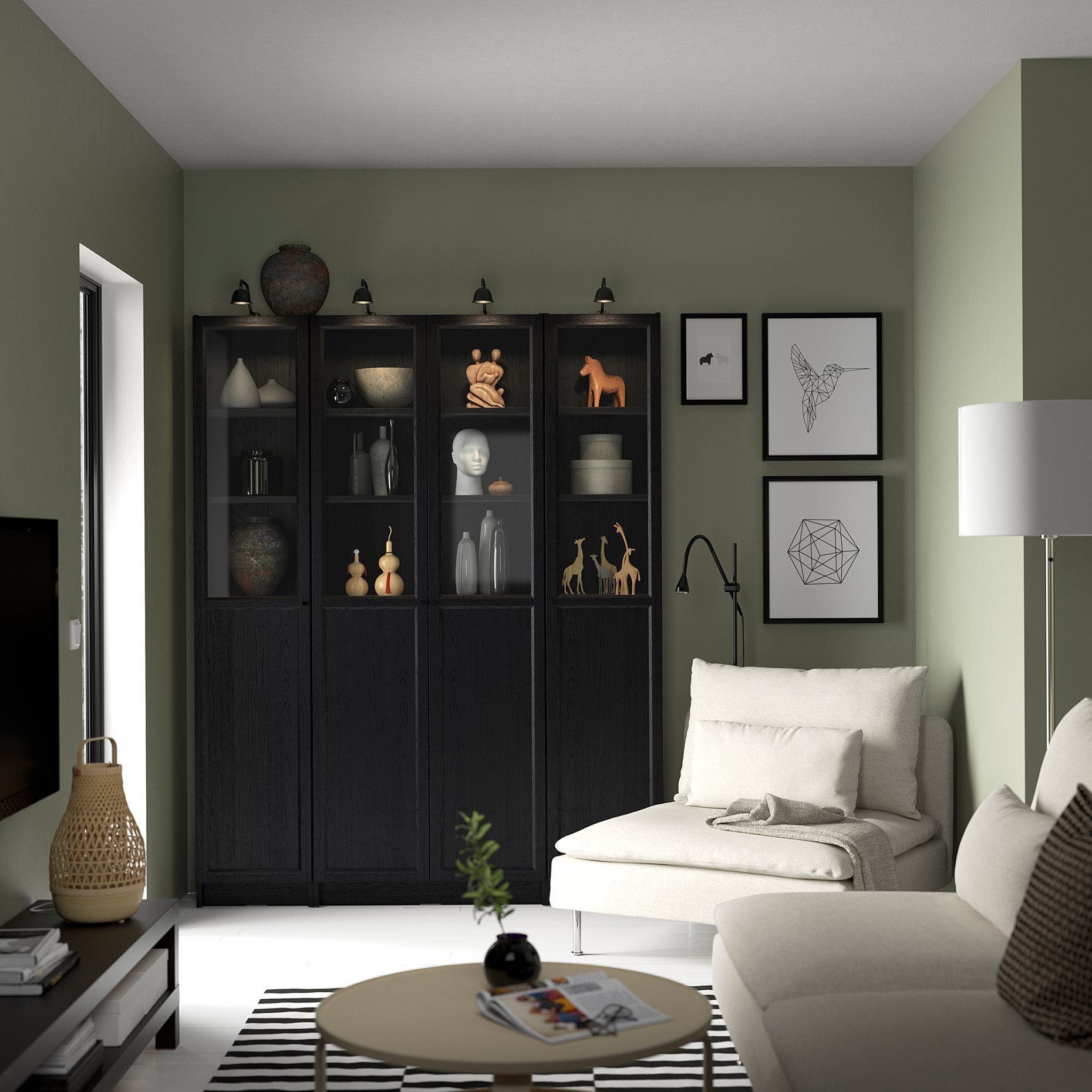 BILLY/OXBERG, bookcase combination with panel/glass doors, 160x202 cm, 494.835.44