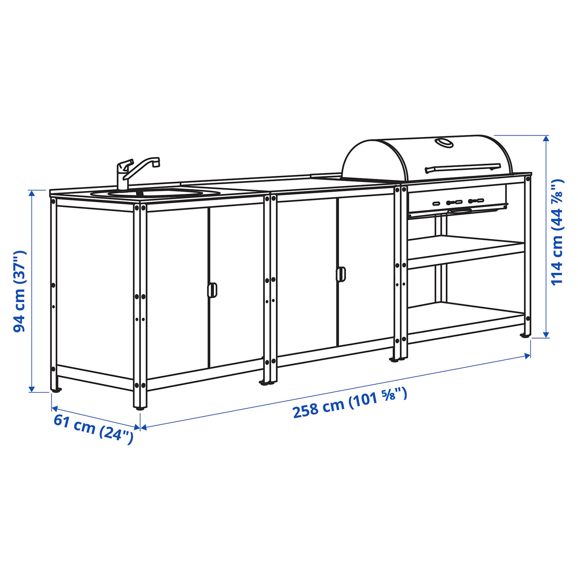 GRILLSKÄR, kitchen sink unit/charcoal barbecue/outdoor, 258x61 cm, 494.962.97