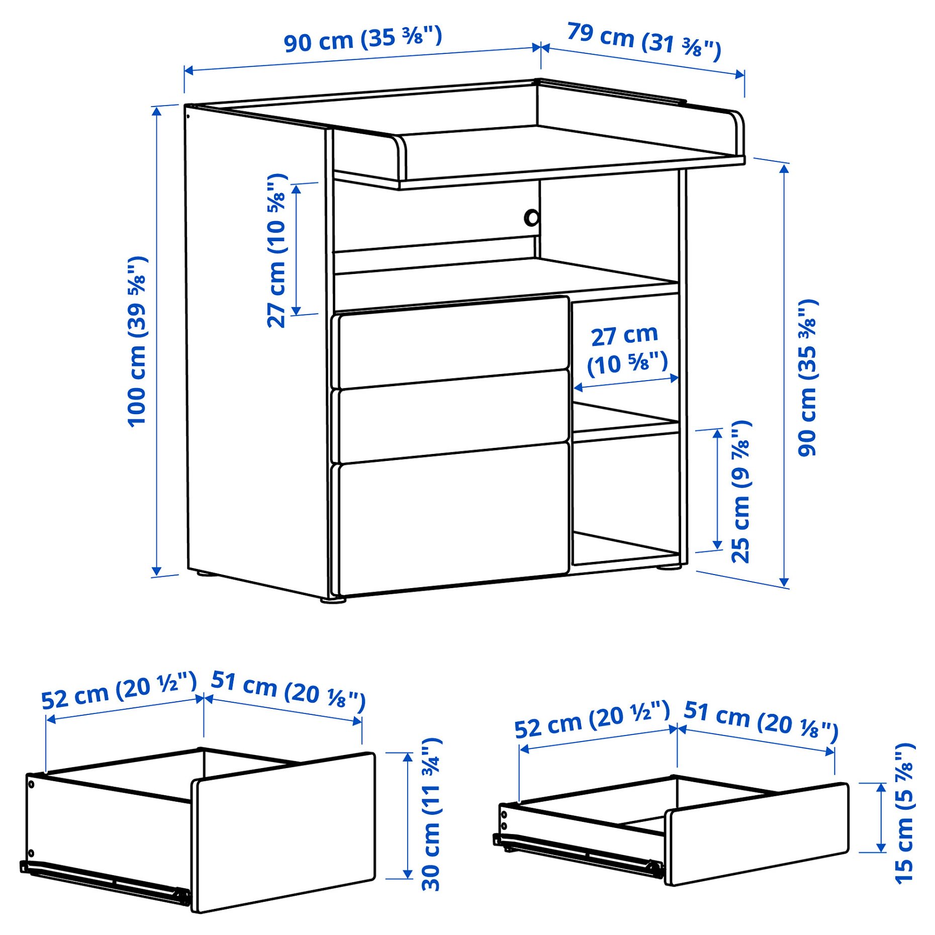 SMÅSTAD, changing table with 3 drawers, 90x79x100 cm, 595.827.65