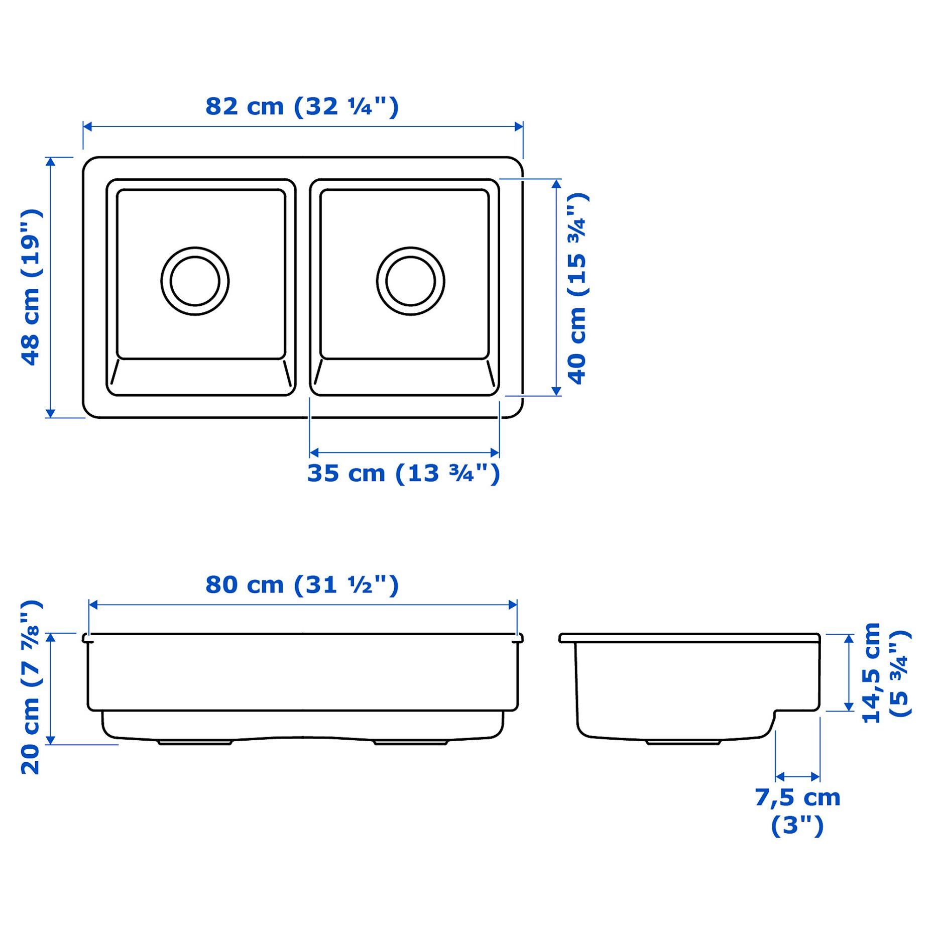 HAVSEN, sink bowl 2 bowls with visible front, 82x48 cm, 792.502.65