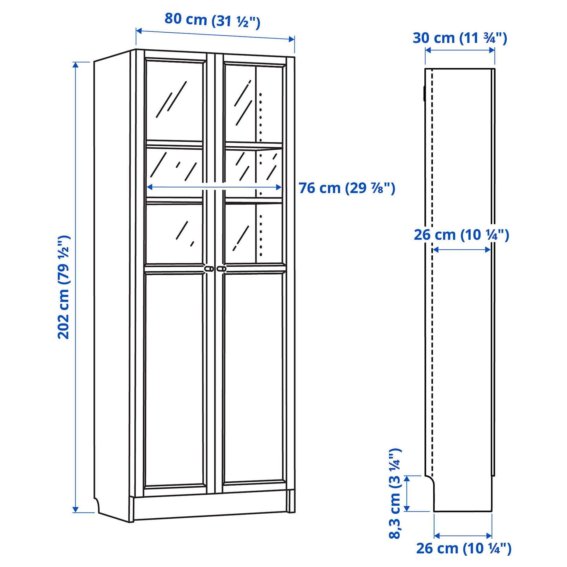 BILLY/OXBERG, bookcase with panel/glass doors, 80x30x202 cm, 894.833.25