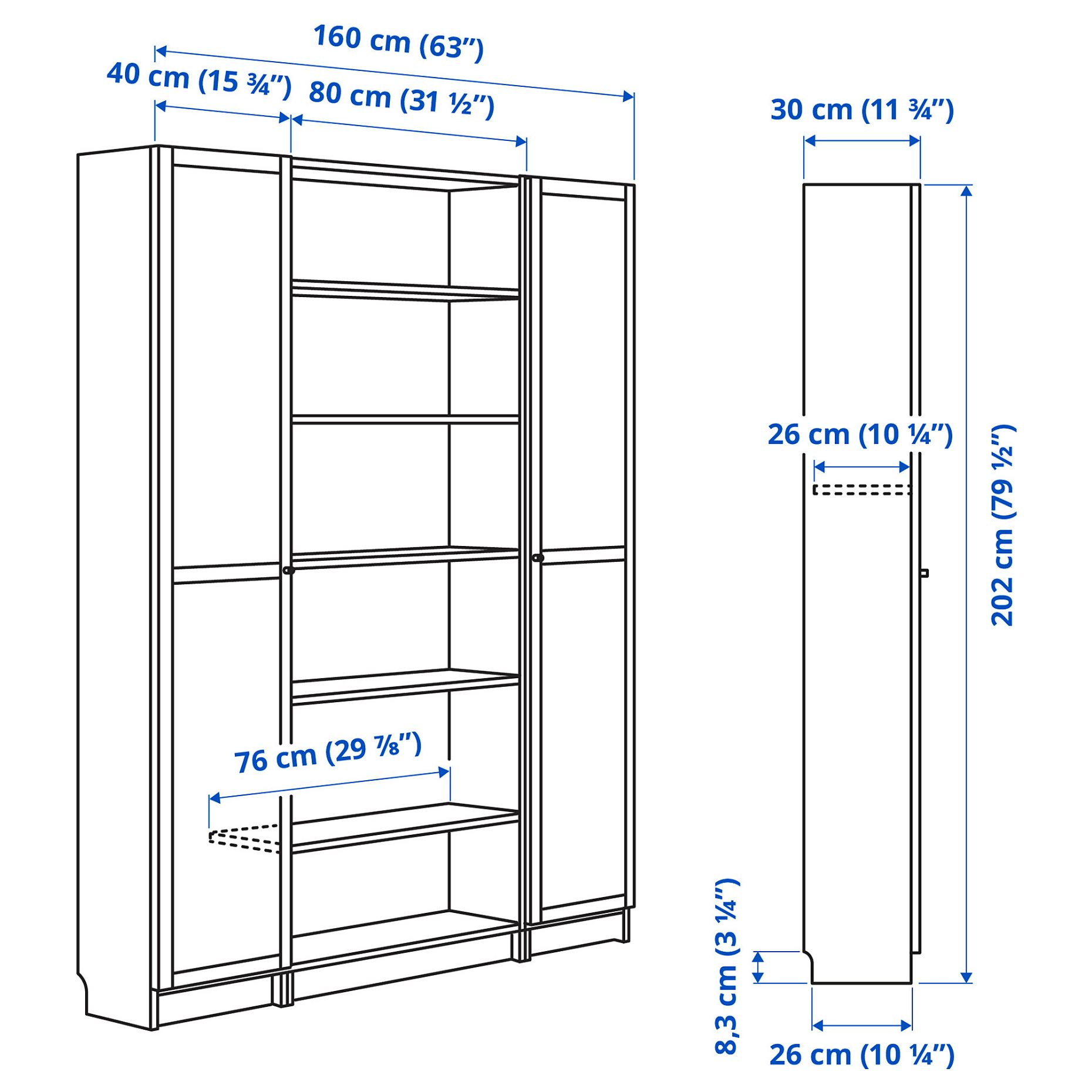 BILLY/OXBERG, bookcase combination with glass doors, 160x202 cm, 894.835.42