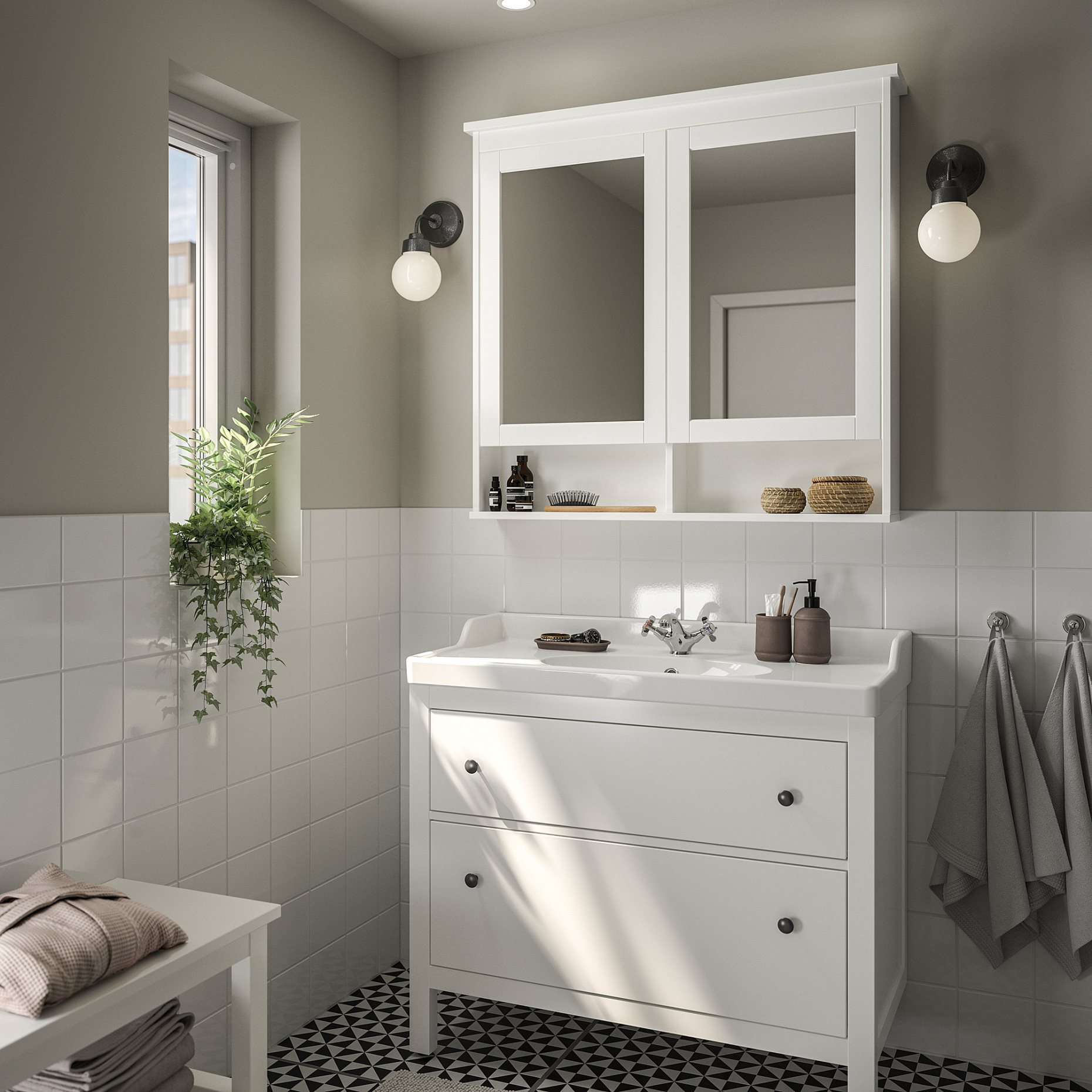HEMNES/RUTSJON, βάση νιπτήρα με συρτάρια/νιπτήρα/μπαταρία, 102x49x95 cm, 895.468.27