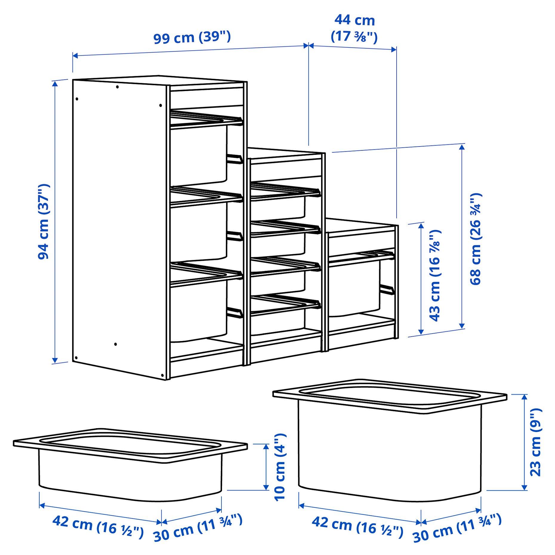 TROFAST, storage combination with boxes, 99x44x94 cm, 995.734.05