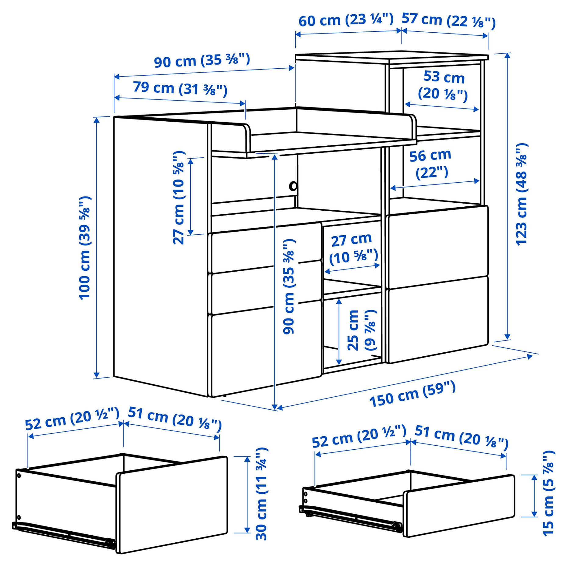 SMASTAD/PLATSA, changing table with bookcase, 150x79x123 cm, 995.832.30